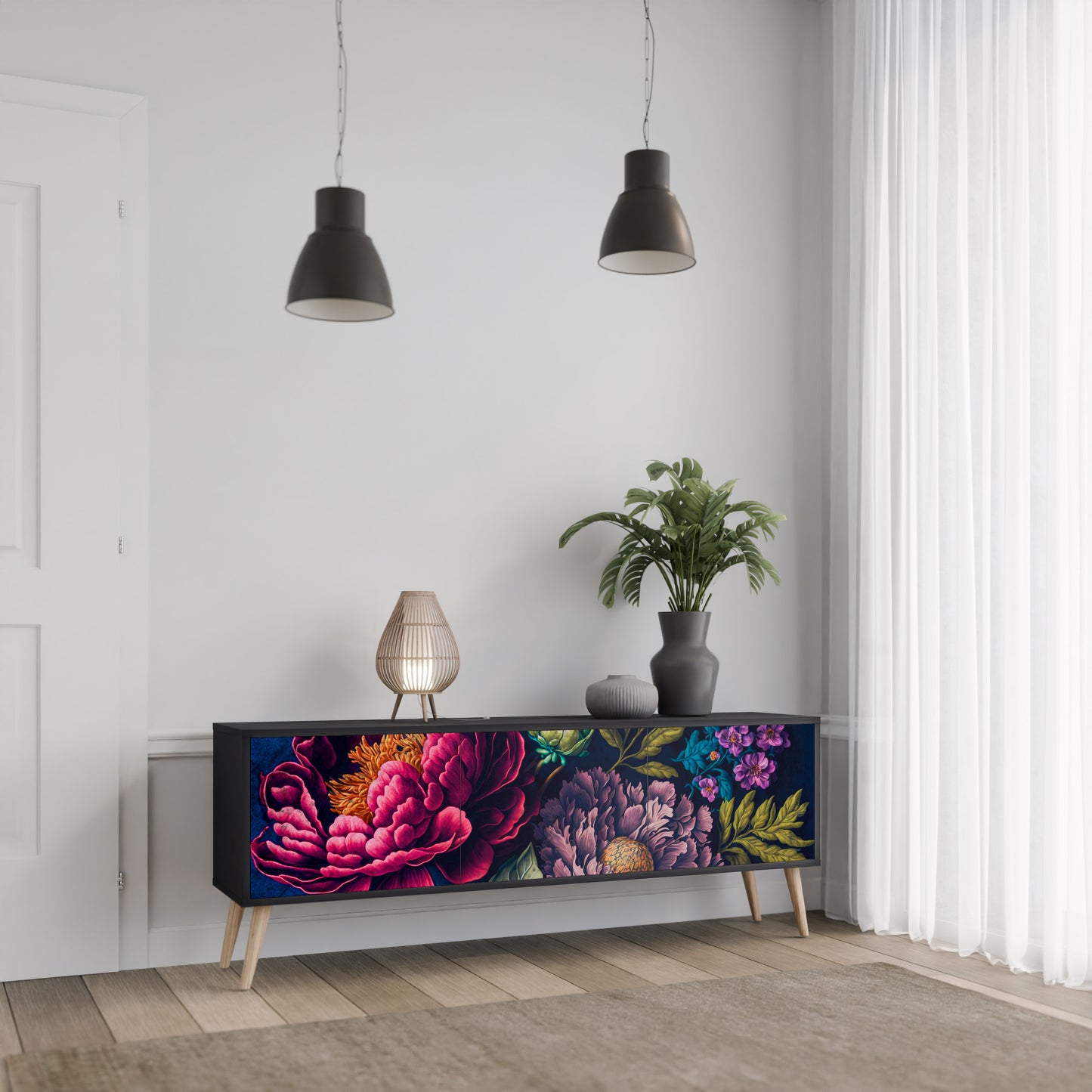 BLOOMING ELEGANCE 3-dörrars TV-bänk i svart finish