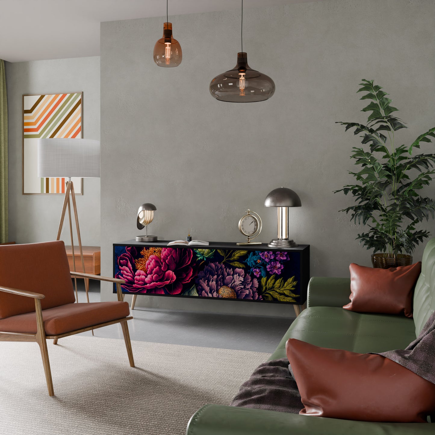 BLOOMING ELEGANCE 3-dörrars TV-bänk i svart finish