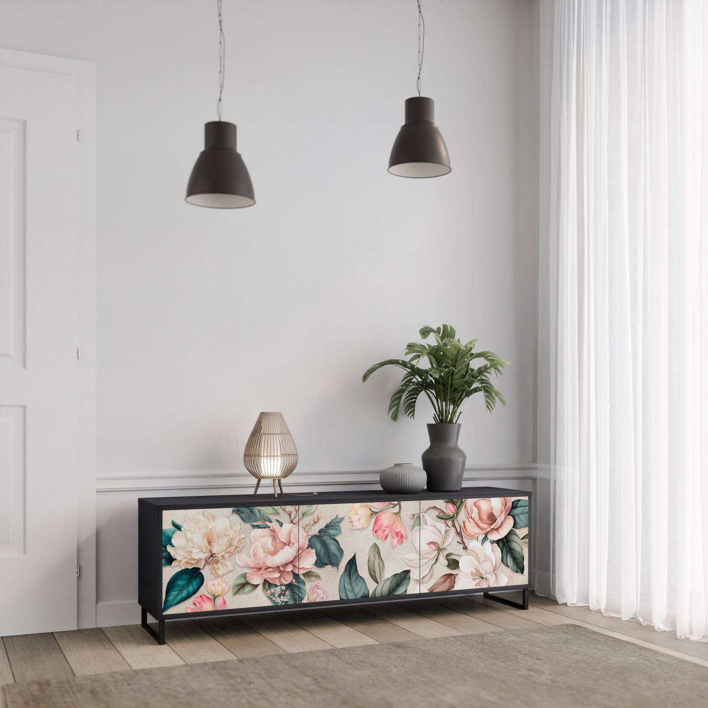 FLORAL GRACE 3-dörrars TV-bänk i svart finish