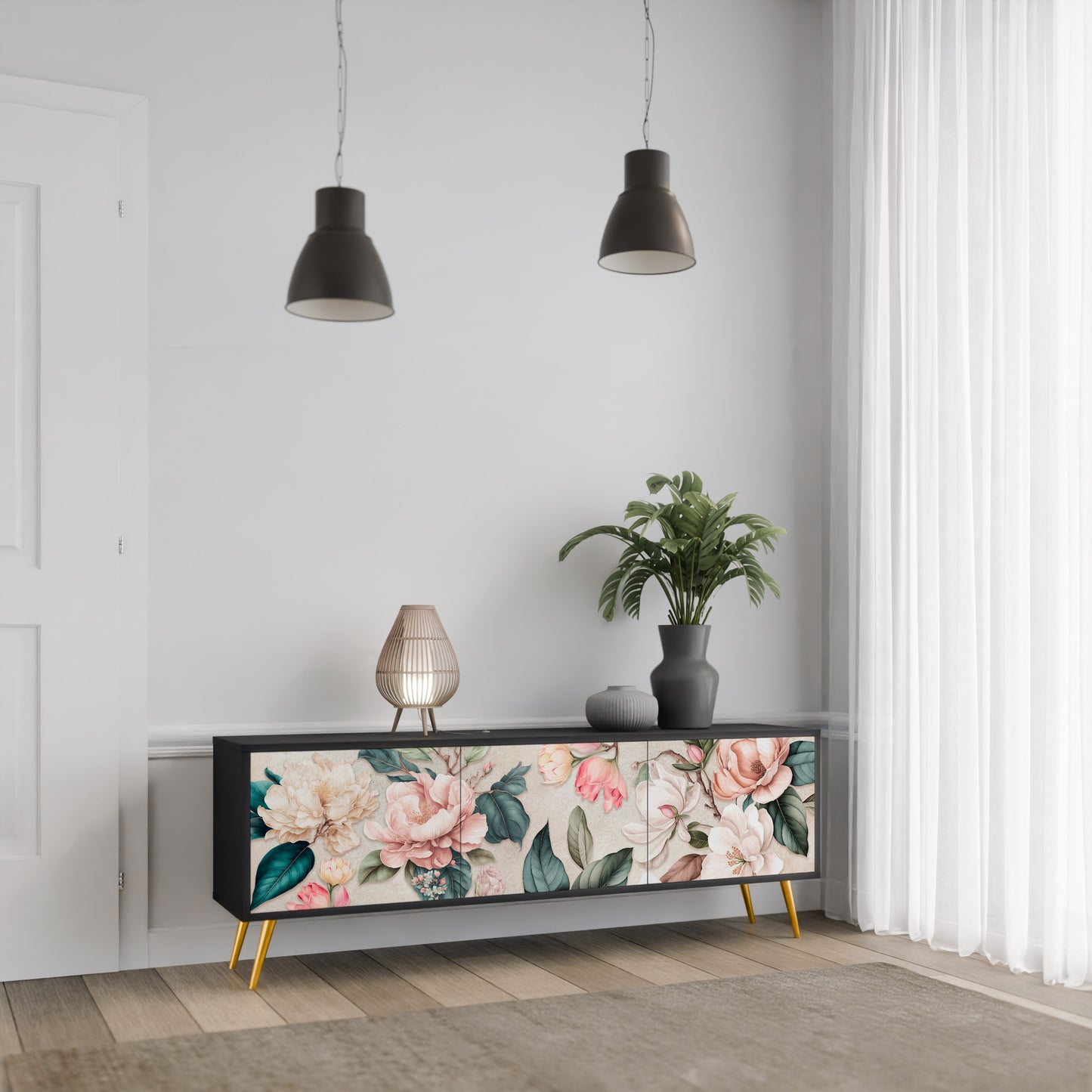 FLORAL GRACE 3-dörrars TV-bänk i svart finish