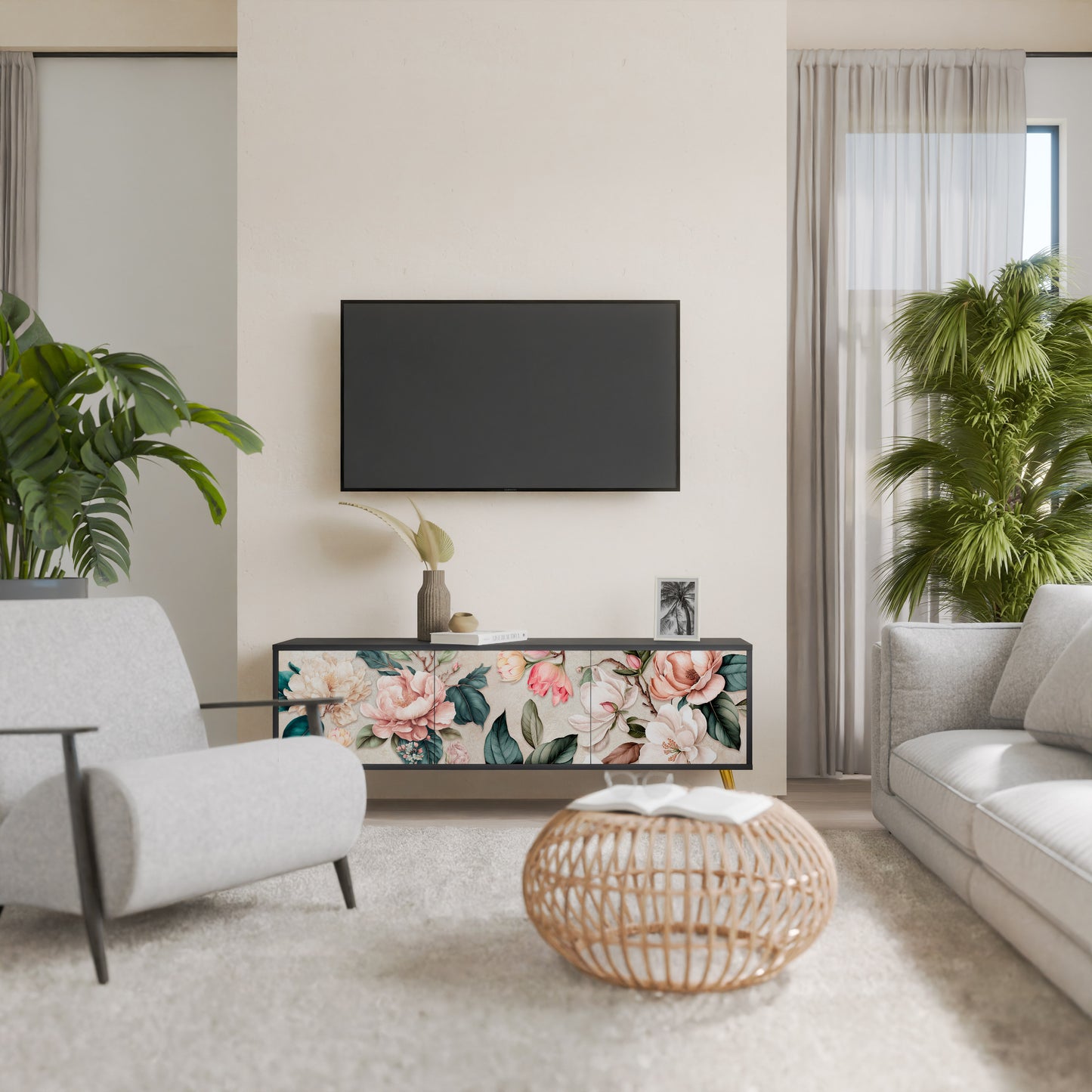 FLORAL GRACE 3-dörrars TV-bänk i svart finish