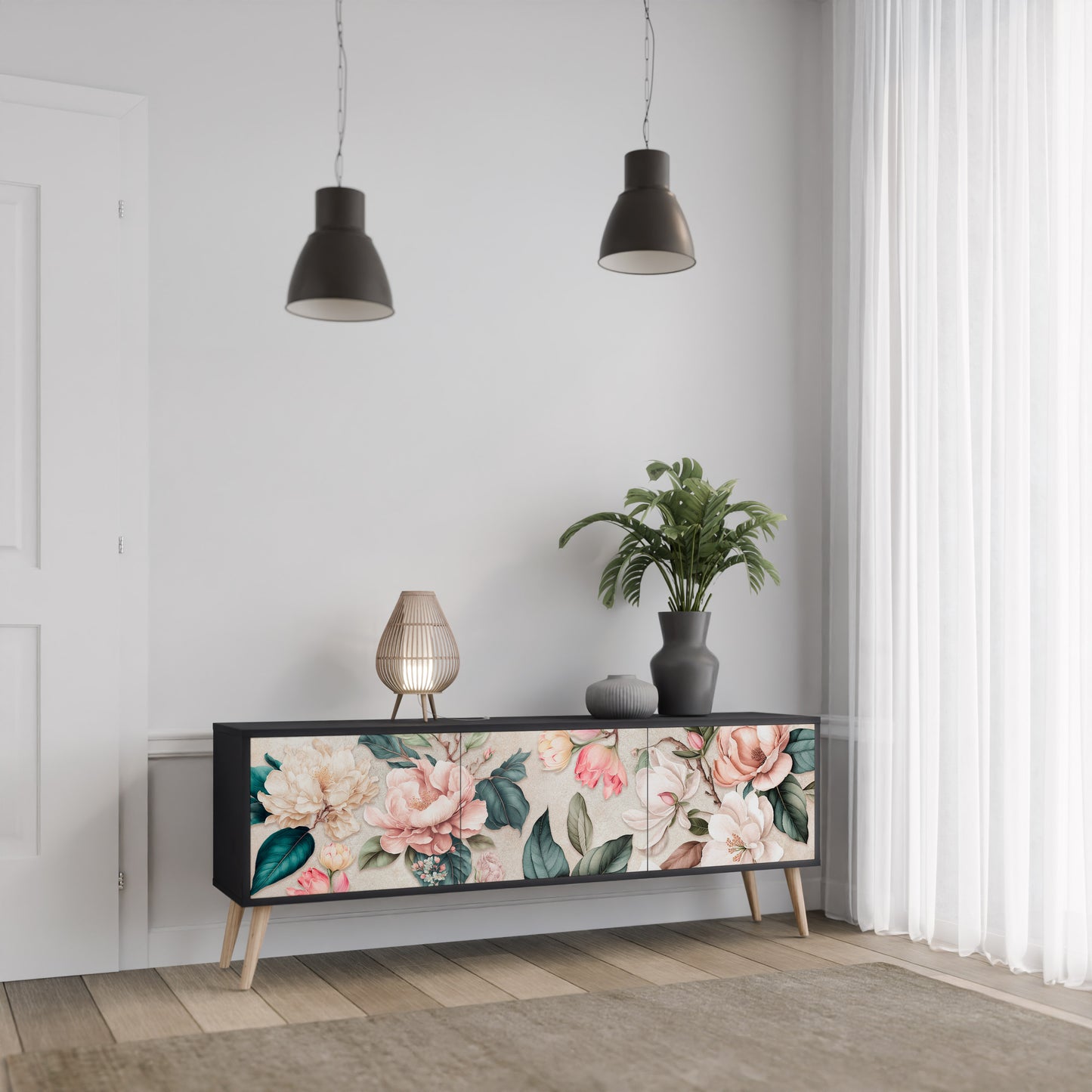 FLORAL GRACE 3-dörrars TV-bänk i svart finish