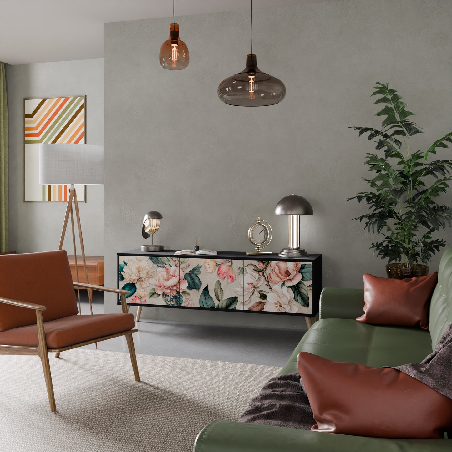 FLORAL GRACE 3-dörrars TV-bänk i svart finish