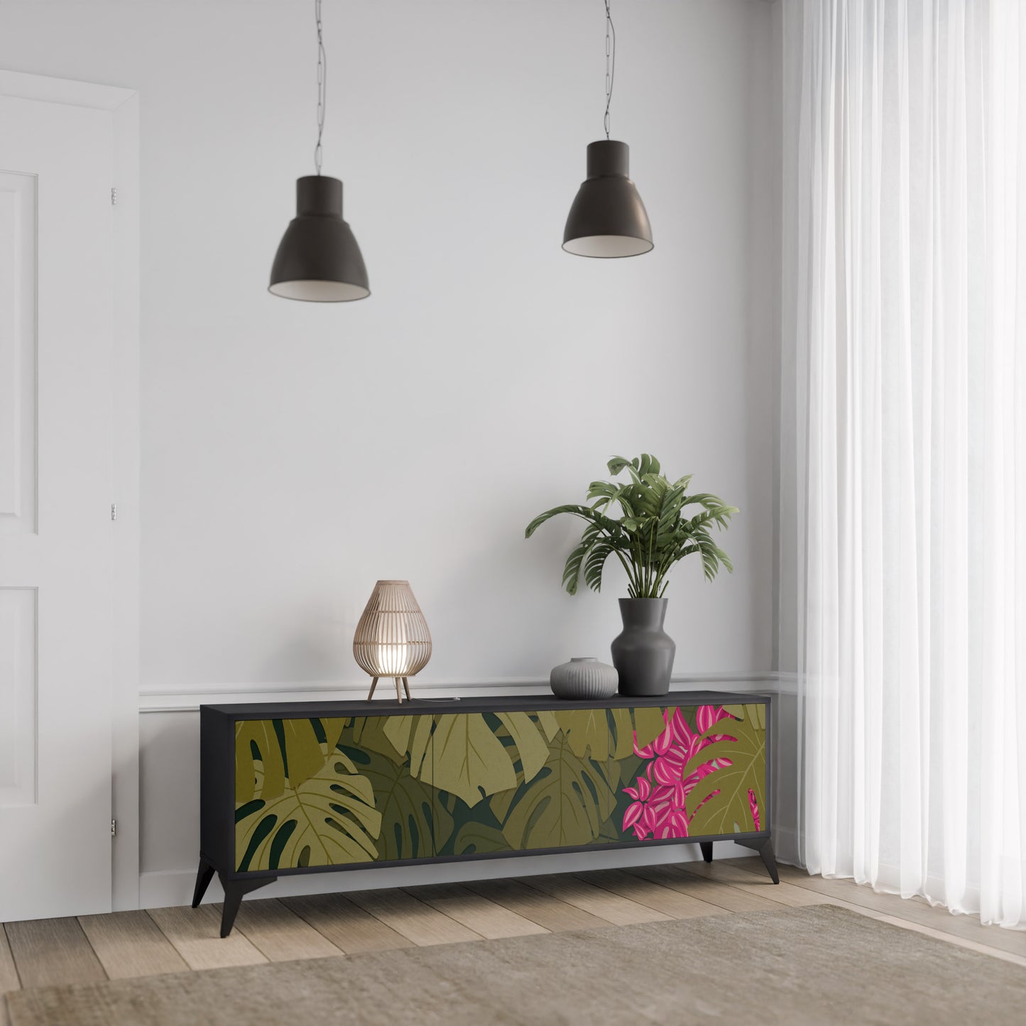 TROPICAL BEAUTY 3-dörrars TV-bänk i svart finish