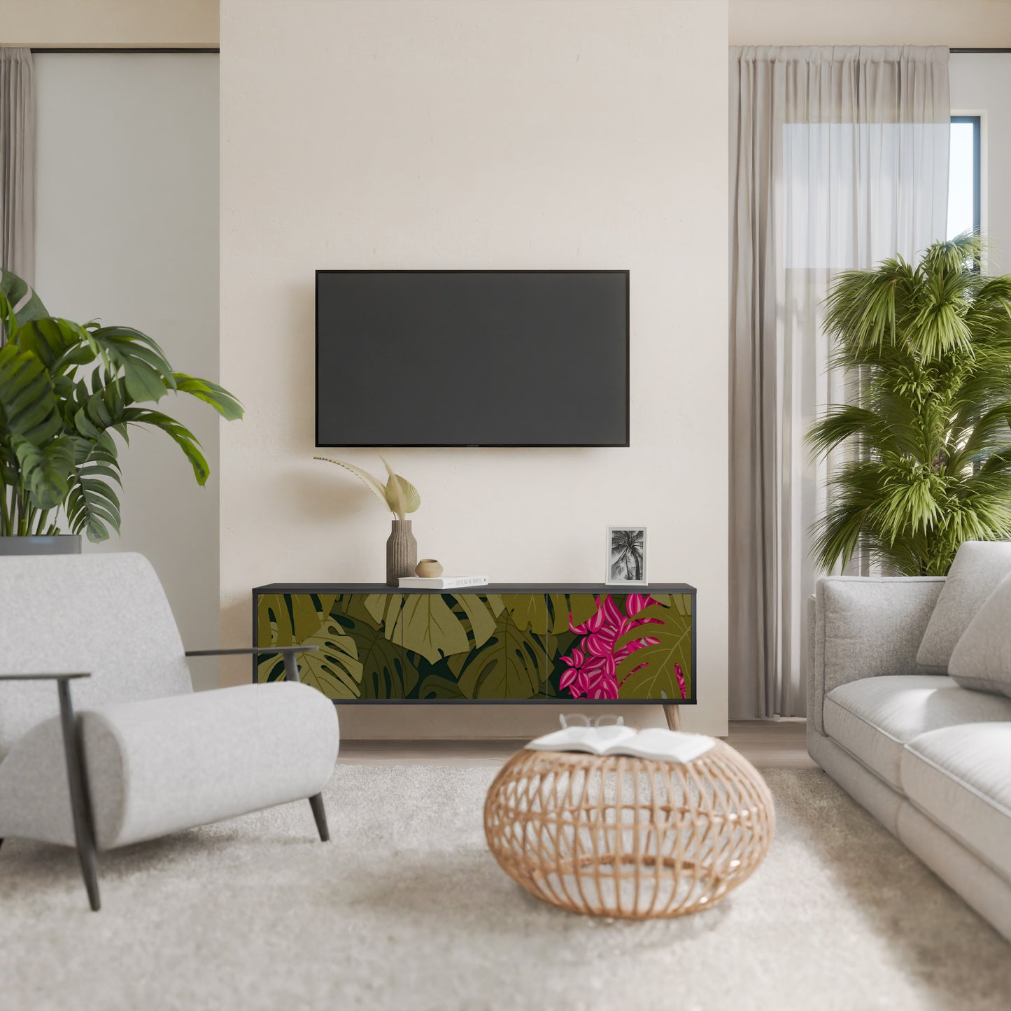 TROPICAL BEAUTY 3-dörrars TV-bänk i svart finish