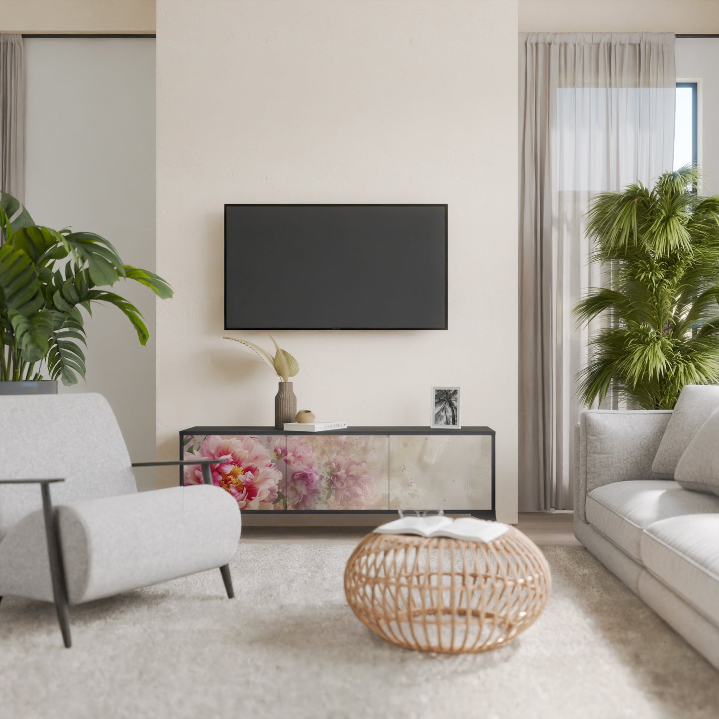 PEONY WHISPER TV-bänk med 3 dörrar i svart finish