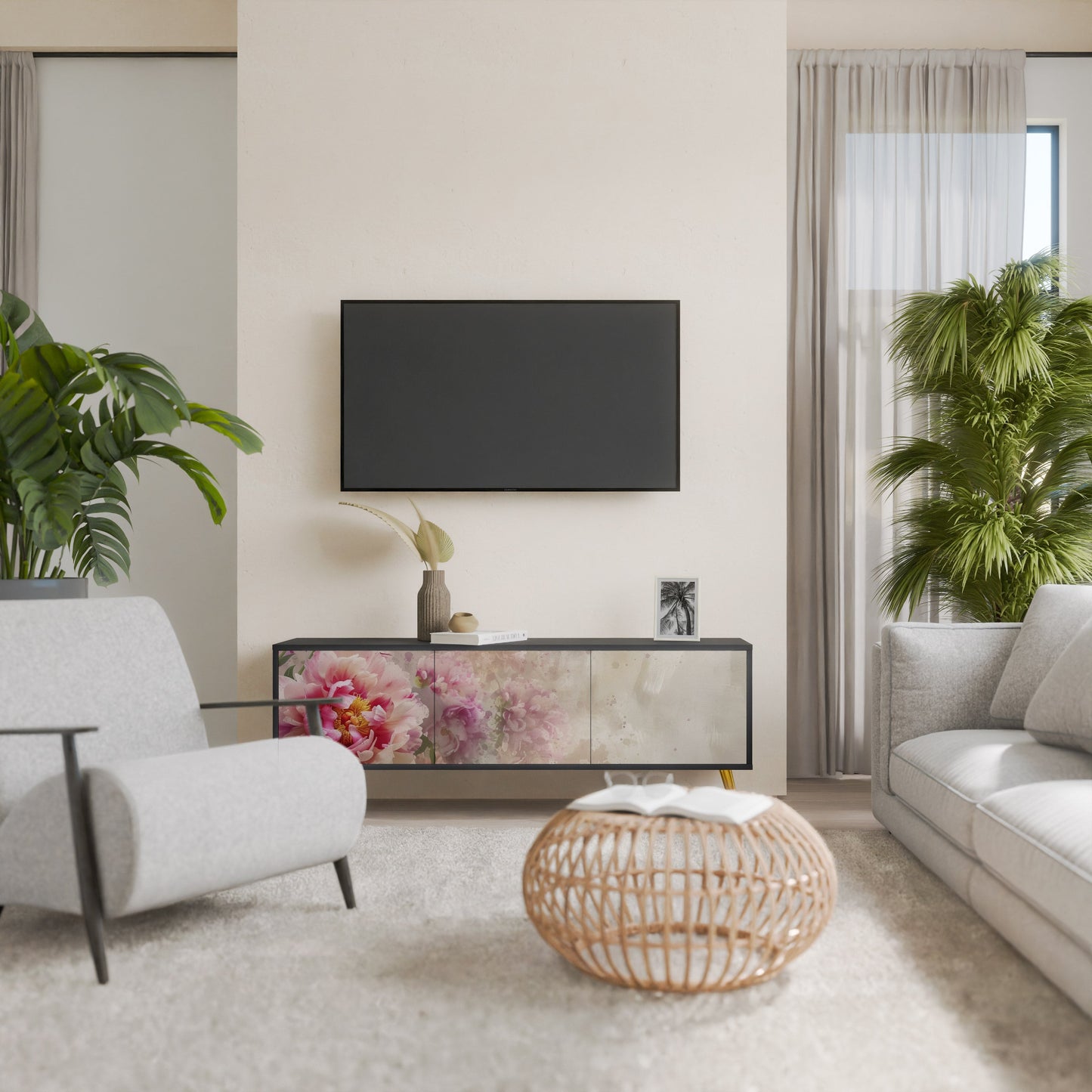 PEONY WHISPER TV-bänk med 3 dörrar i svart finish