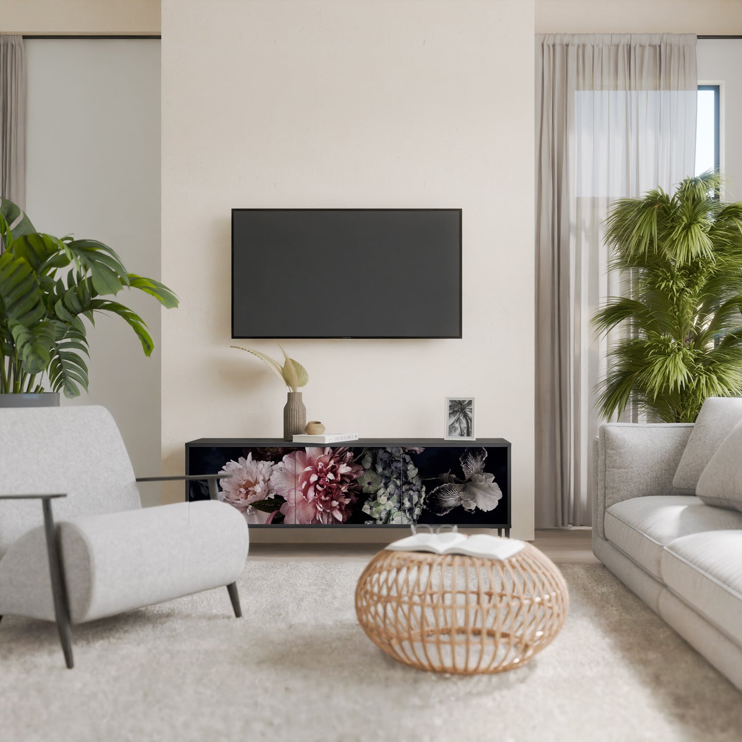 PURE BLOSSOM 3-dörrars TV-bänk i svart finish