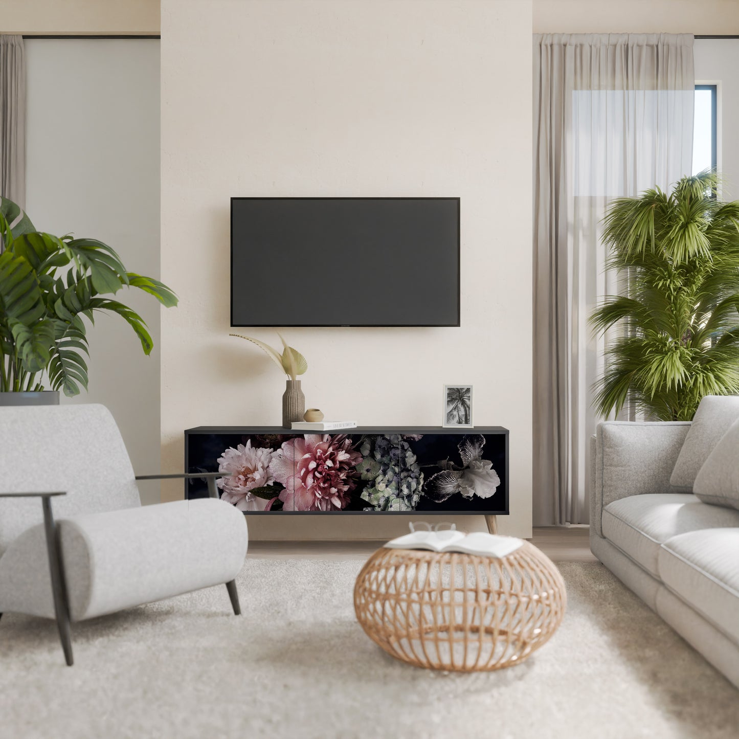 PURE BLOSSOM 3-dörrars TV-bänk i svart finish