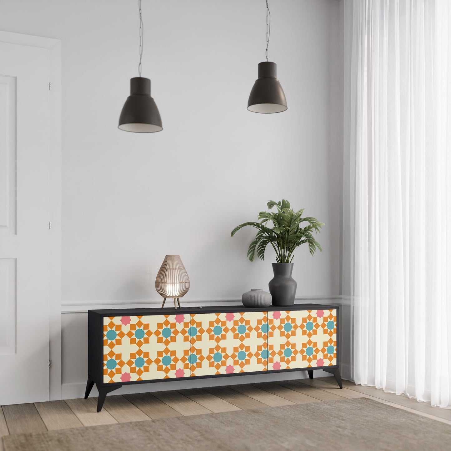 FLORAL DECOR 3-dörrars TV-bänk i svart finish