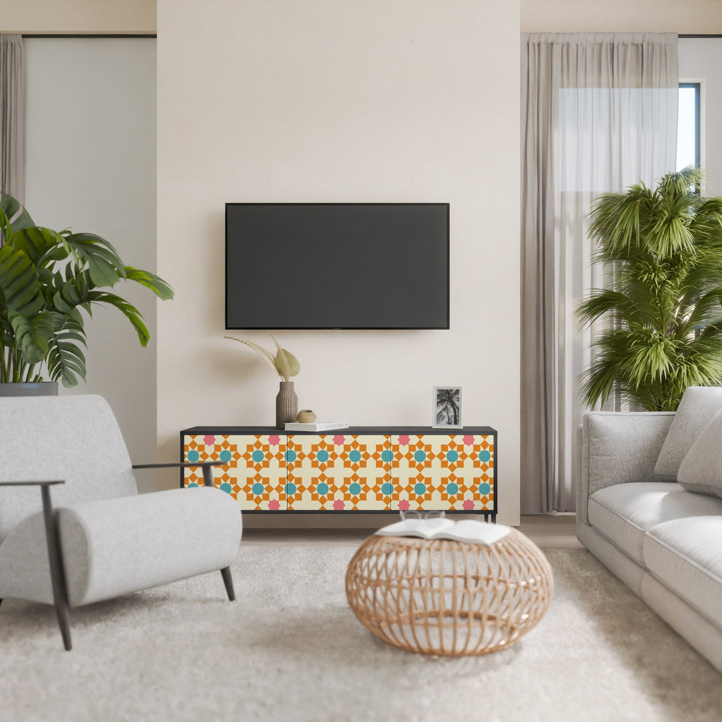 FLORAL DECOR 3-dörrars TV-bänk i svart finish