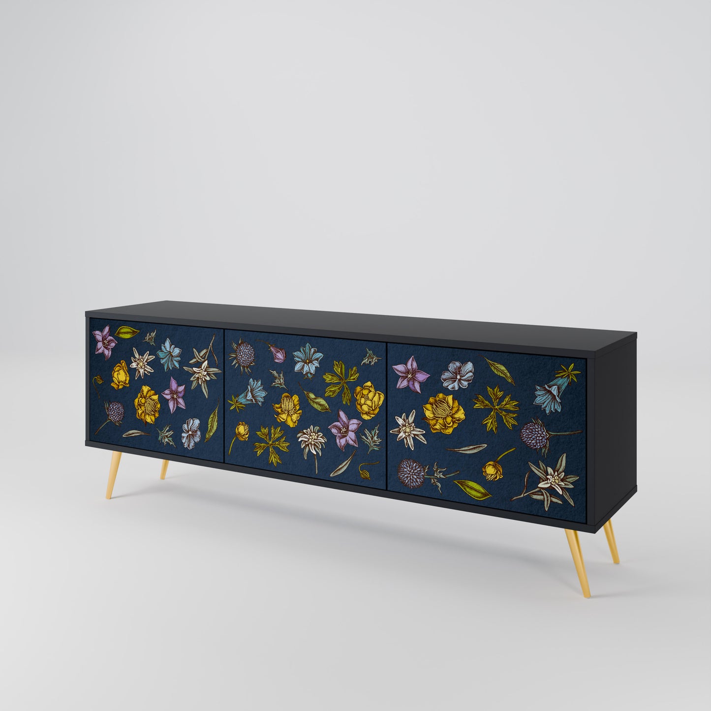 BLOMMOR PÅ MARINBLÅT 3-dörrars TV-bänk i svart finish
