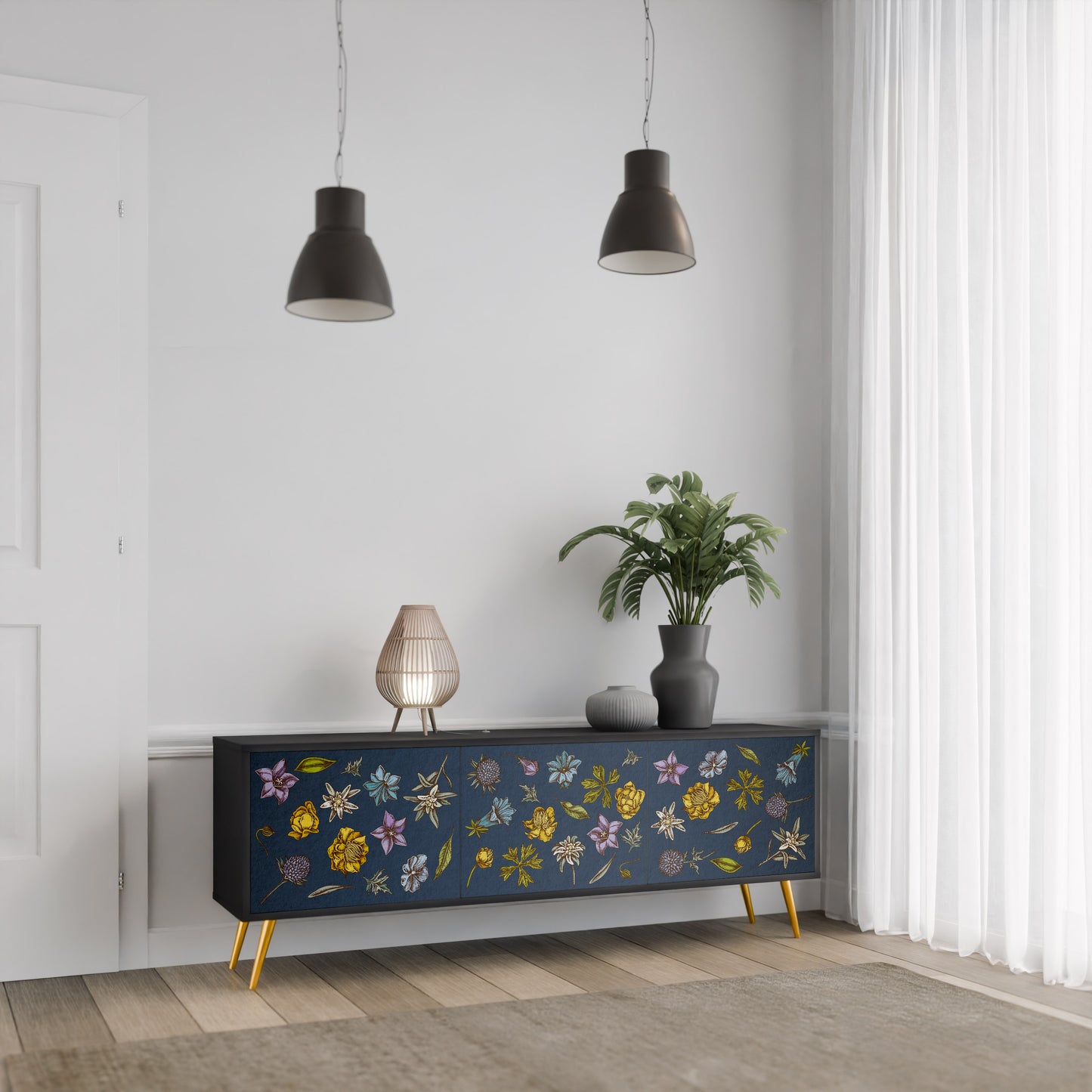 BLOMMOR PÅ MARINBLÅT 3-dörrars TV-bänk i svart finish