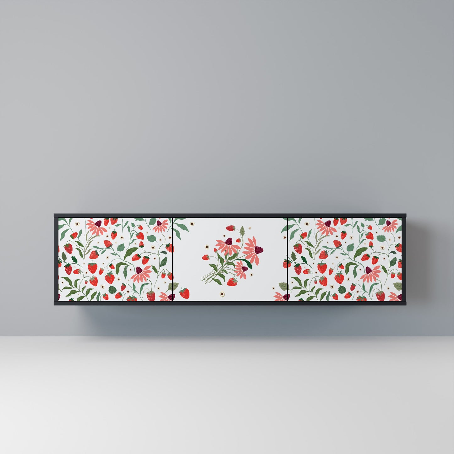 BLOMMOR OCH JORDGUBBAR 3-dörrars TV-bänk i svart finish