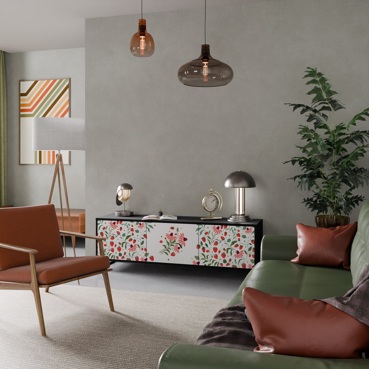BLOMMOR OCH JORDGUBBAR 3-dörrars TV-bänk i svart finish