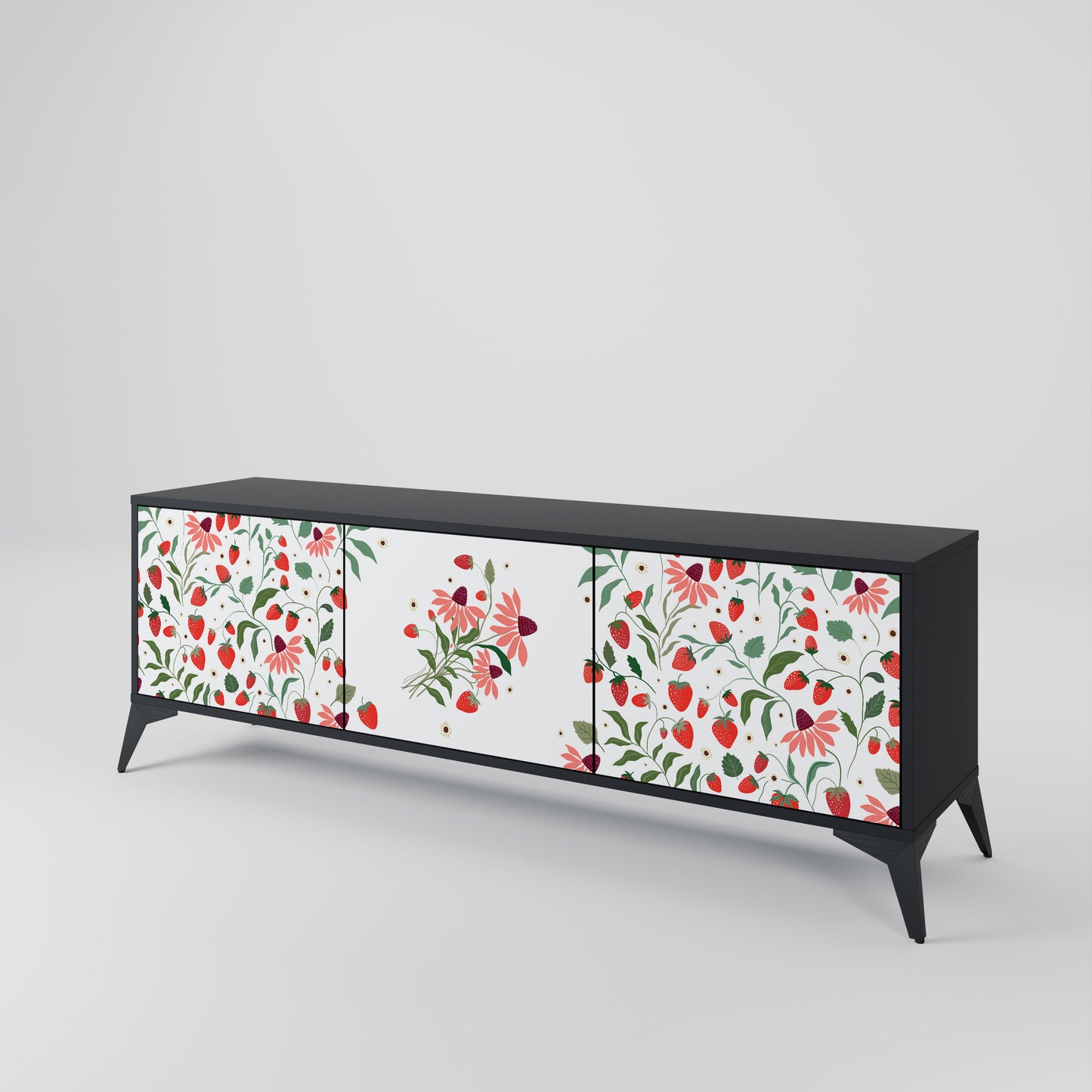 BLOMMOR OCH JORDGUBBAR 3-dörrars TV-bänk i svart finish