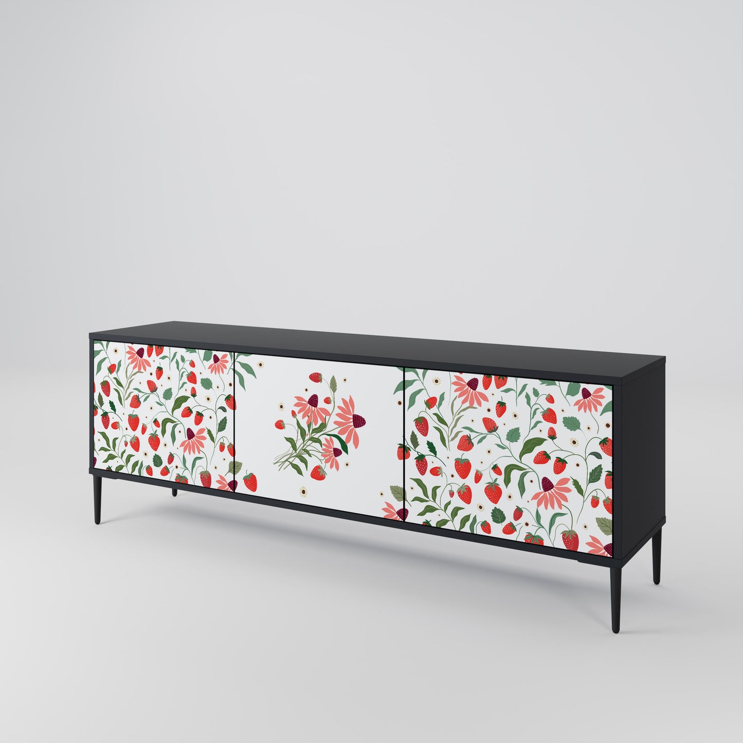 BLOMMOR OCH JORDGUBBAR 3-dörrars TV-bänk i svart finish