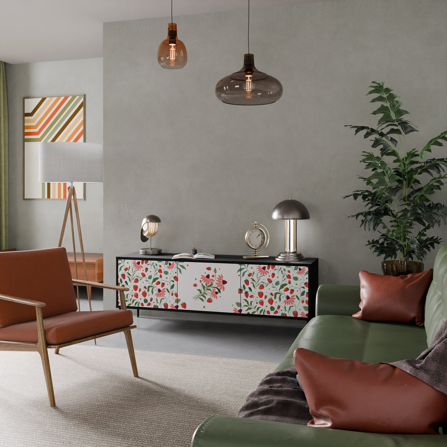 BLOMMOR OCH JORDGUBBAR 3-dörrars TV-bänk i svart finish