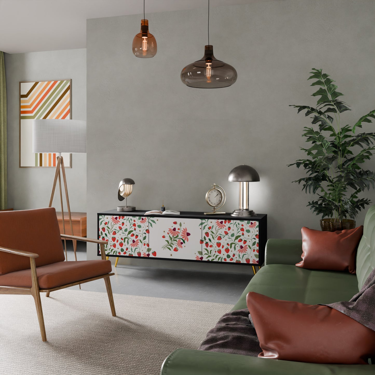 BLOMMOR OCH JORDGUBBAR 3-dörrars TV-bänk i svart finish