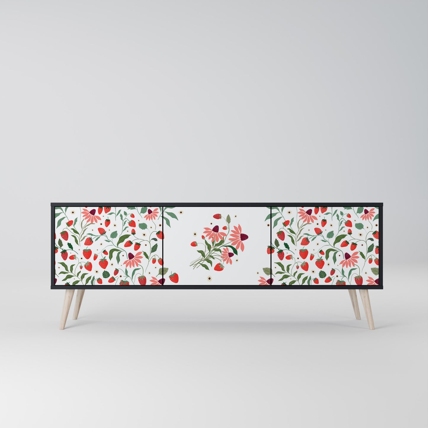 BLOMMOR OCH JORDGUBBAR 3-dörrars TV-bänk i svart finish