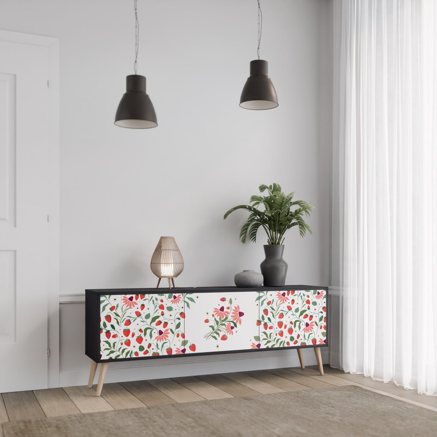 BLOMMOR OCH JORDGUBBAR 3-dörrars TV-bänk i svart finish