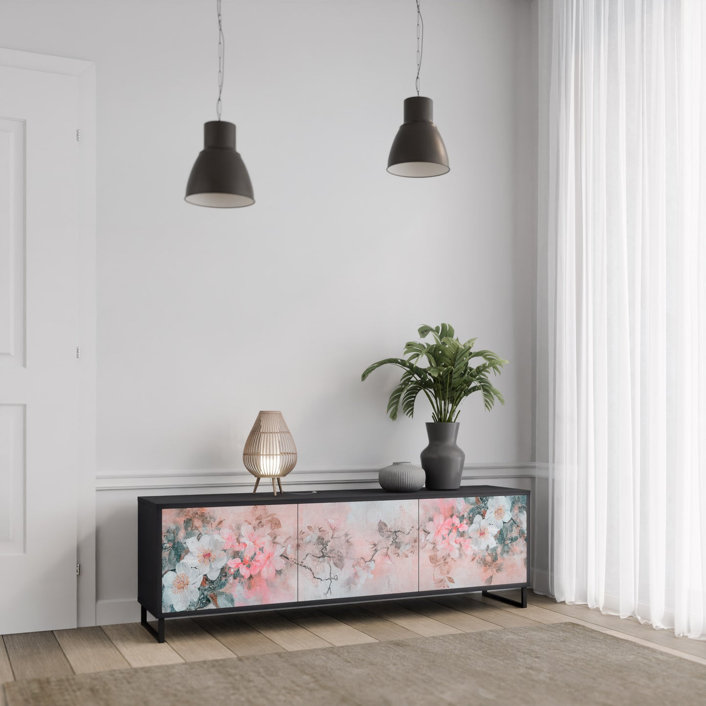 CHERRY BLOSSOM 3-Door TV Stand in Black Finish