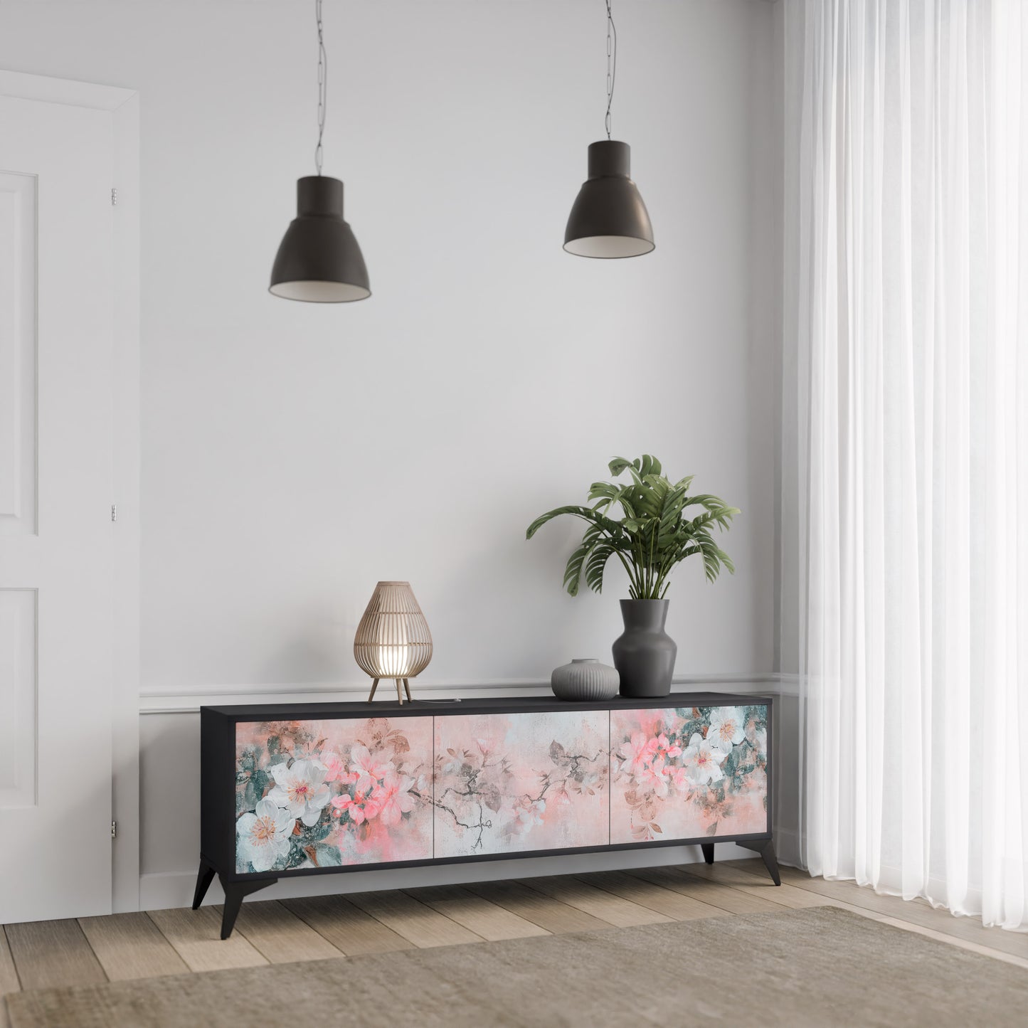 CHERRY BLOSSOM 3-Door TV Stand in Black Finish
