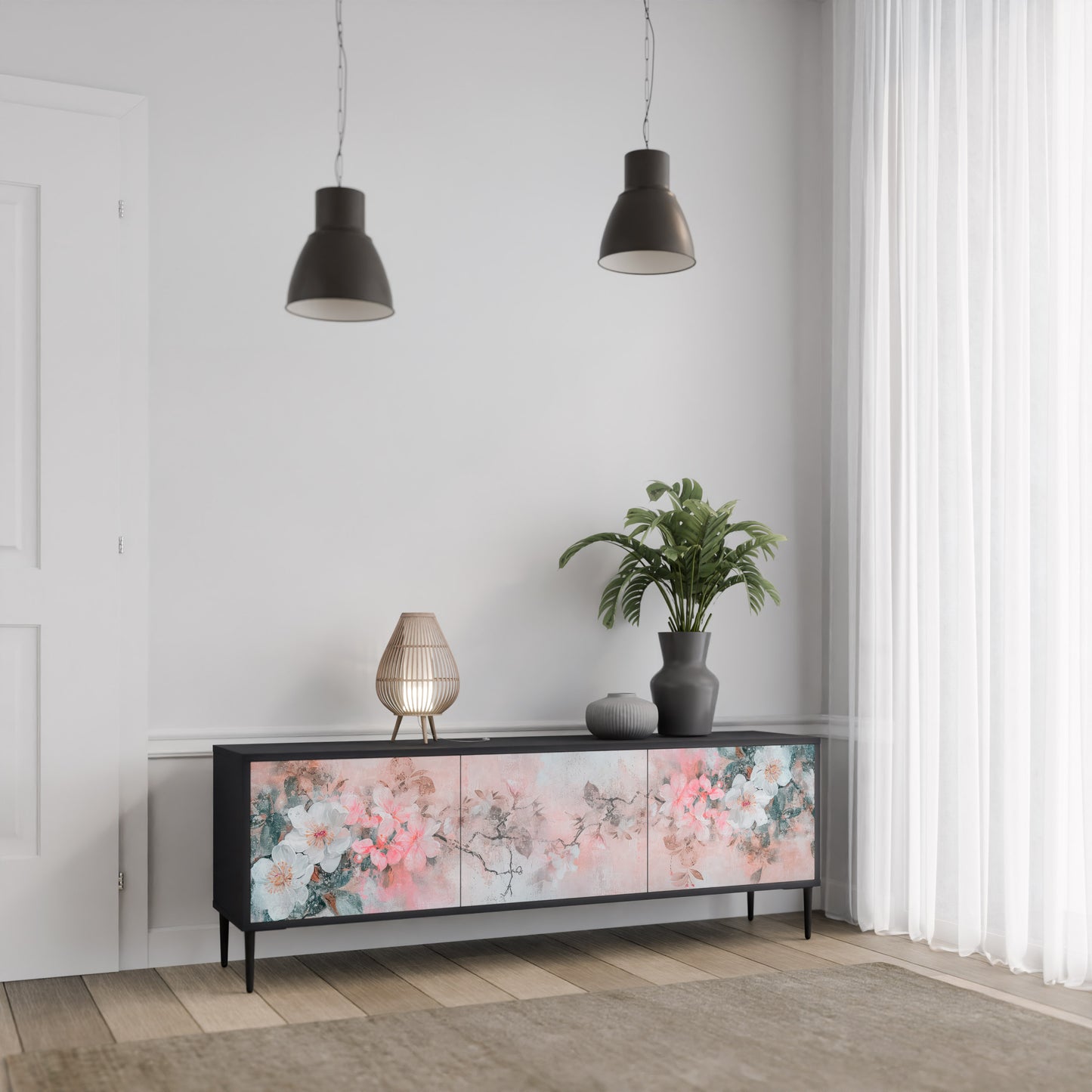 CHERRY BLOSSOM 3-Door TV Stand in Black Finish