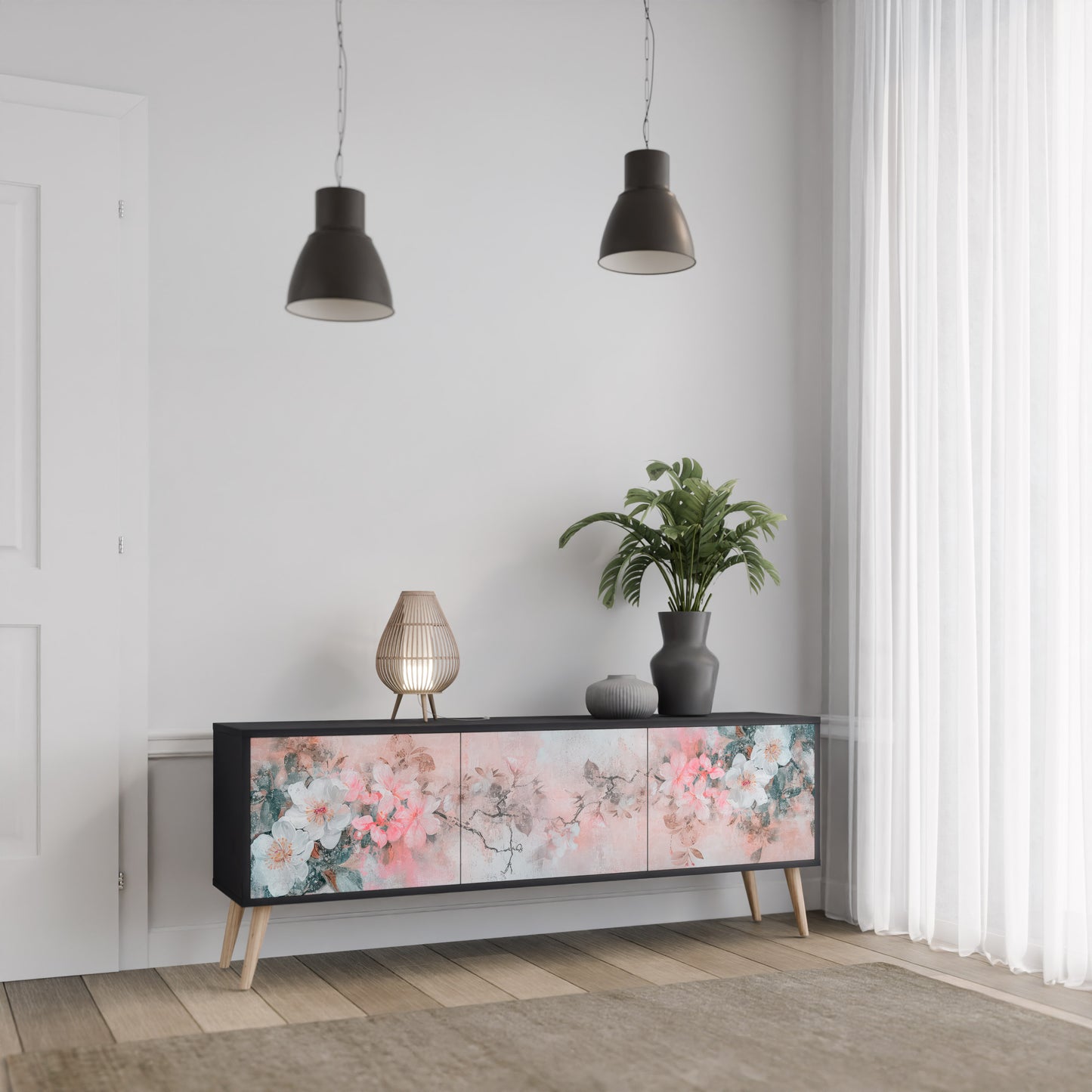CHERRY BLOSSOM 3-Door TV Stand in Black Finish