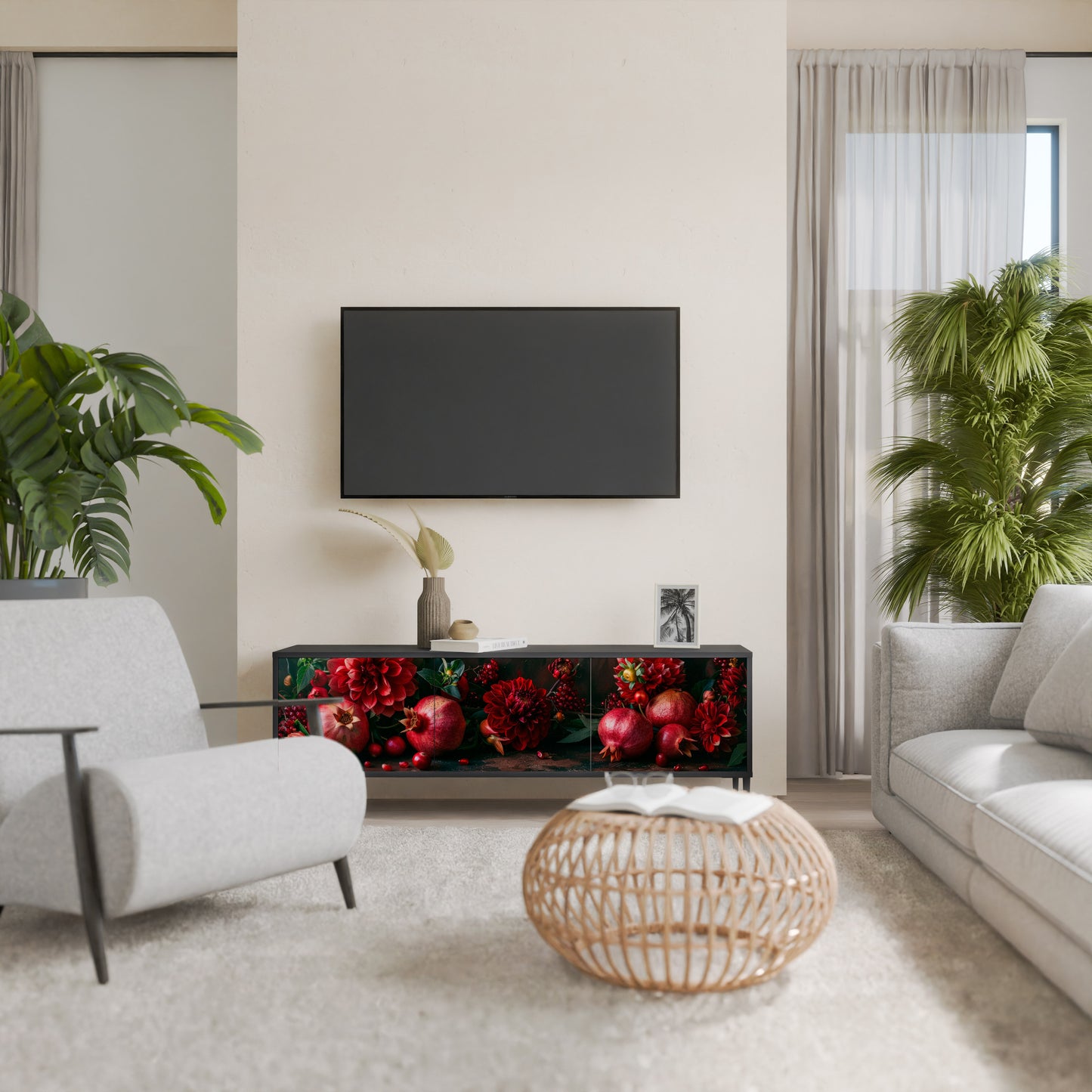 DAHLIAS AND POMEGRANATES 3-Door TV Stand in Black Finish