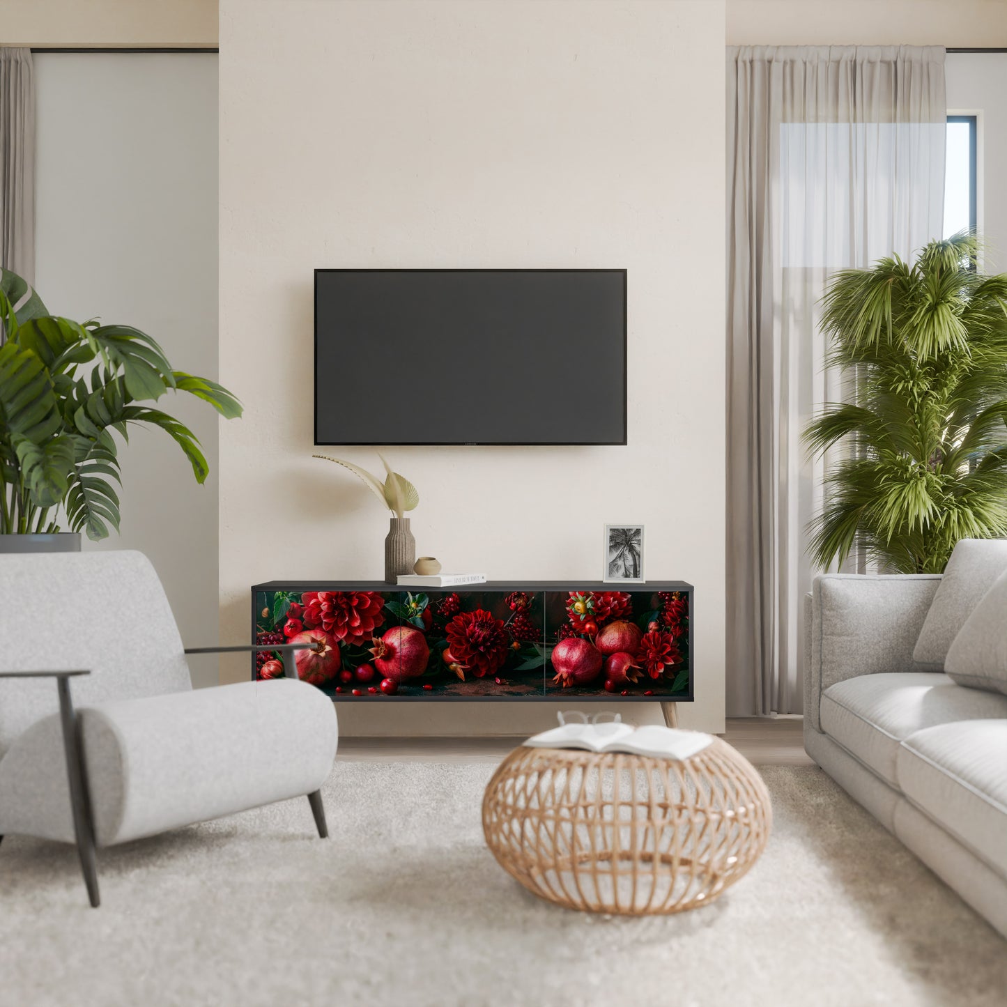DAHLIAS AND POMEGRANATES 3-Door TV Stand in Black Finish