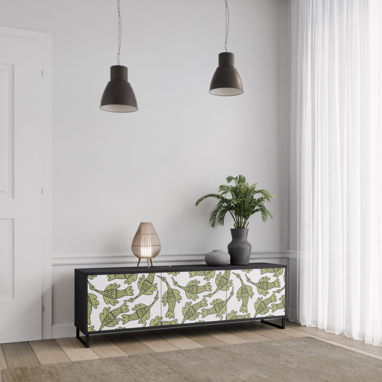 SEEDLING SONGBIRD 3-Door TV Stand in Black Finish