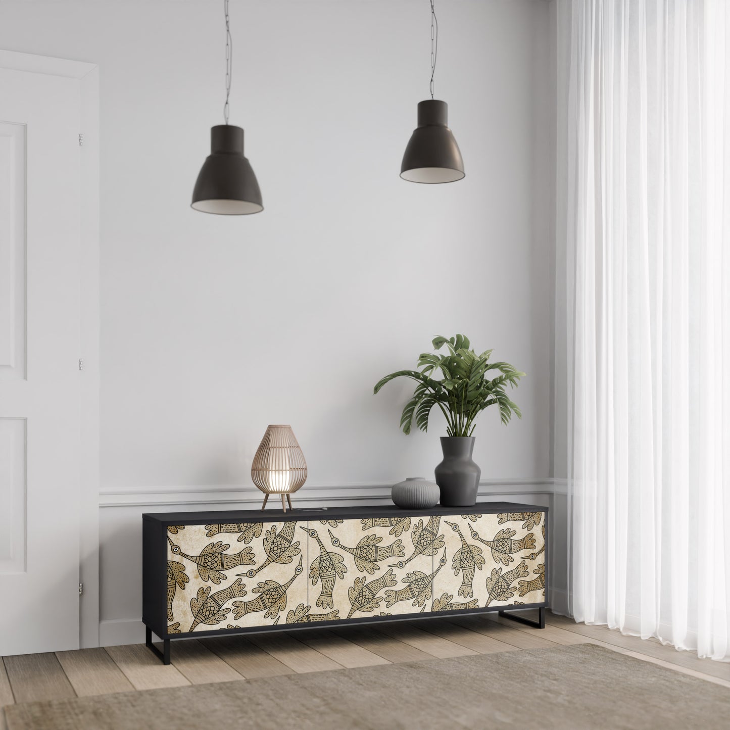 ALMONDINE SONGBIRD 3-Door TV Stand in Black Finish