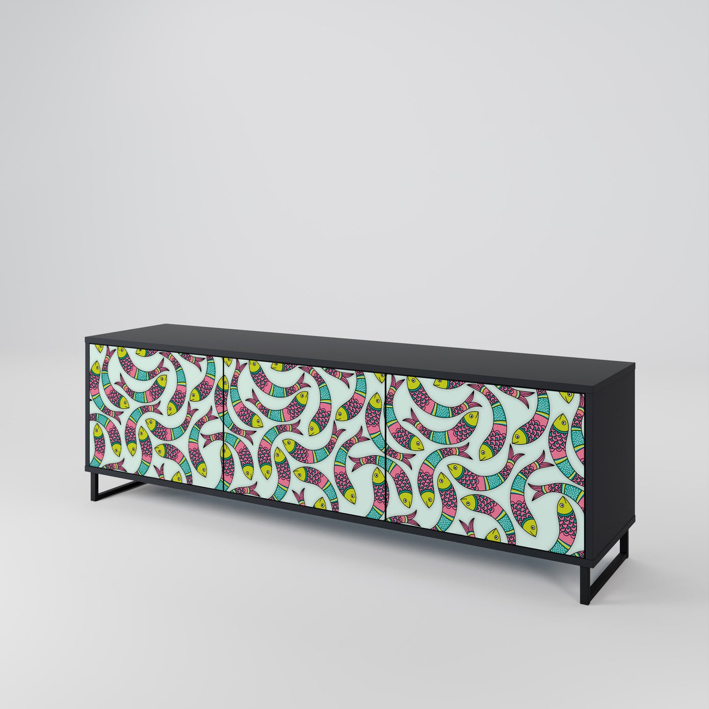 INDIAN FISH 3-Door TV Stand in Black Finish