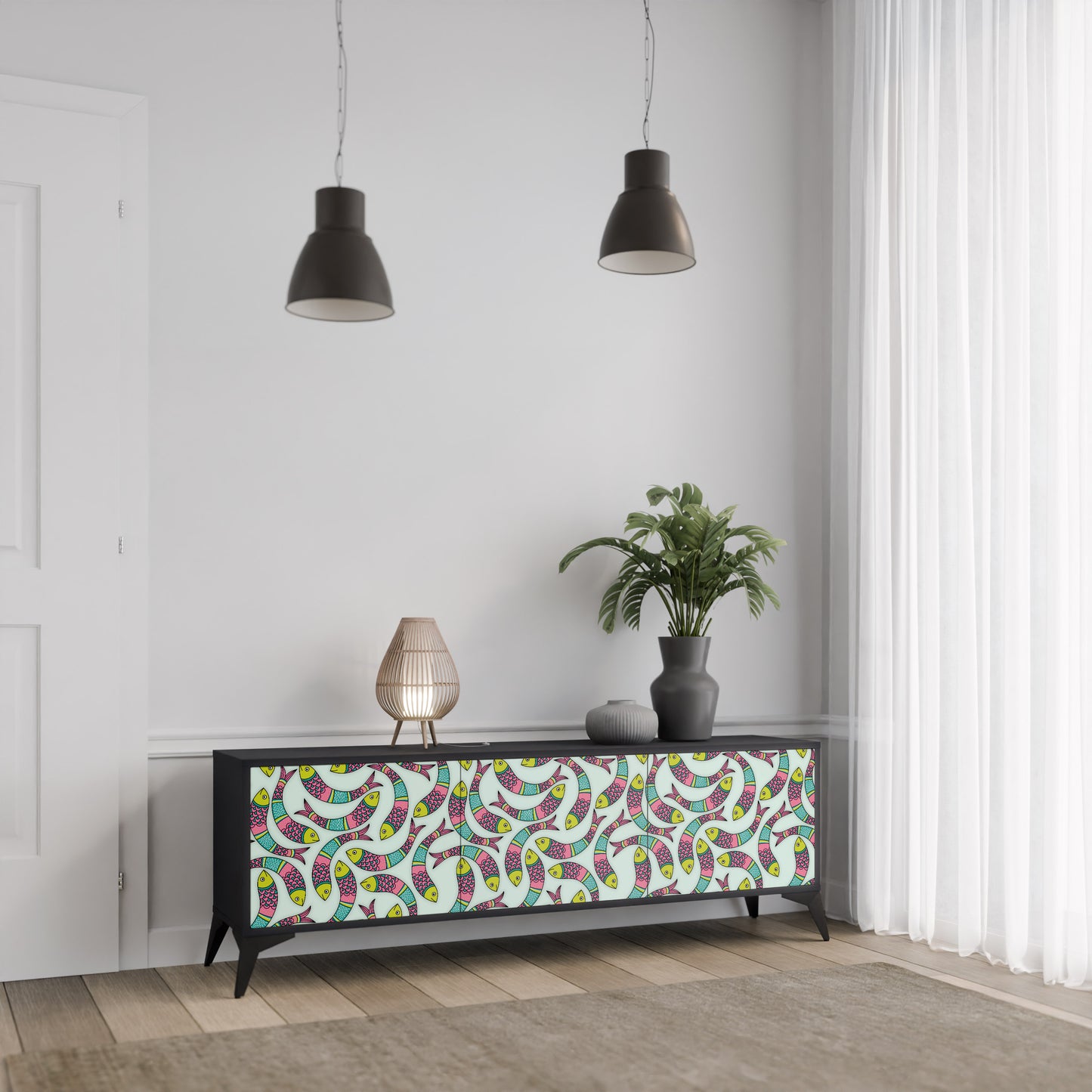 INDIAN FISH 3-Door TV Stand in Black Finish