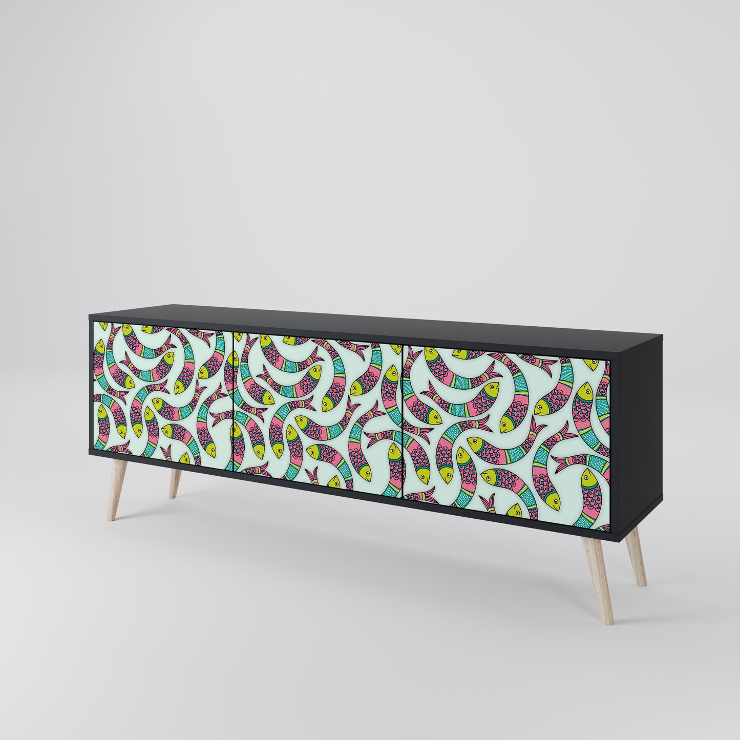 INDIAN FISH 3-Door TV Stand in Black Finish
