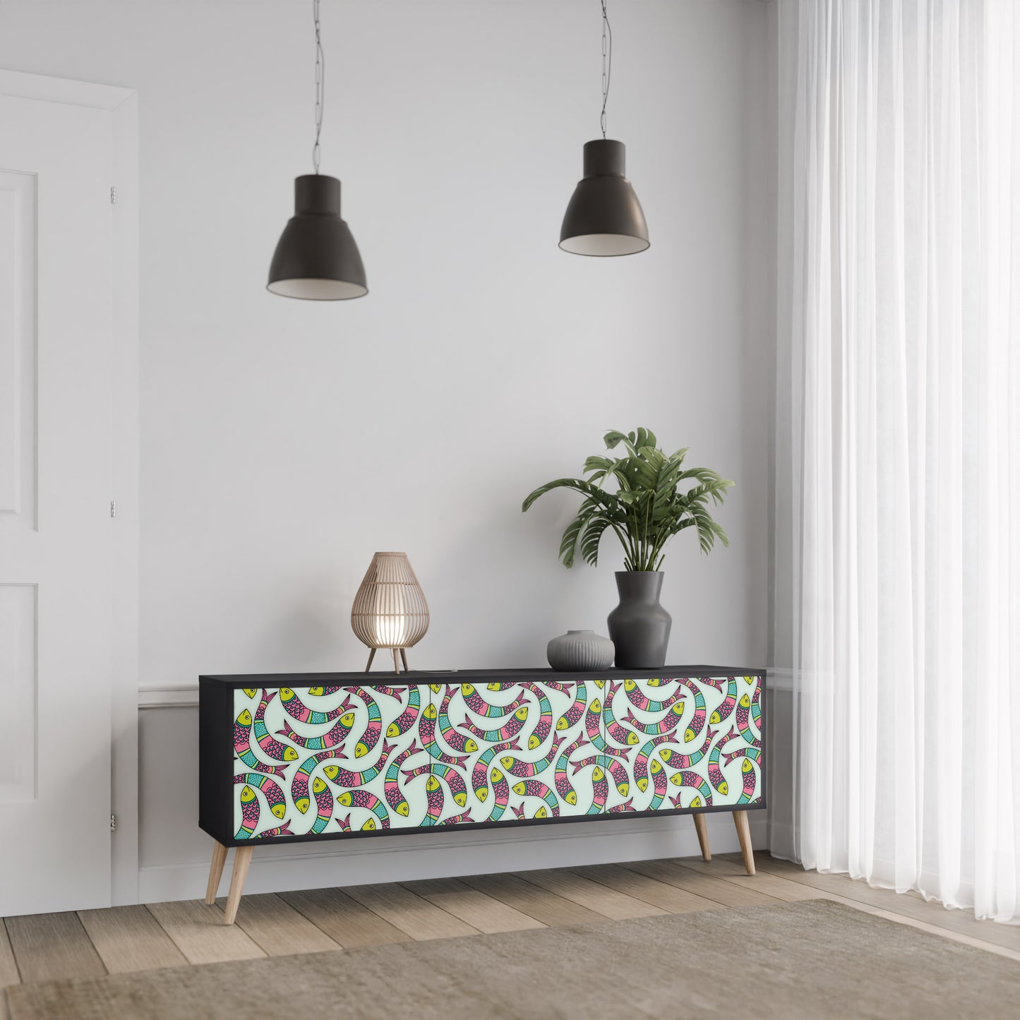 INDIAN FISH 3-Door TV Stand in Black Finish