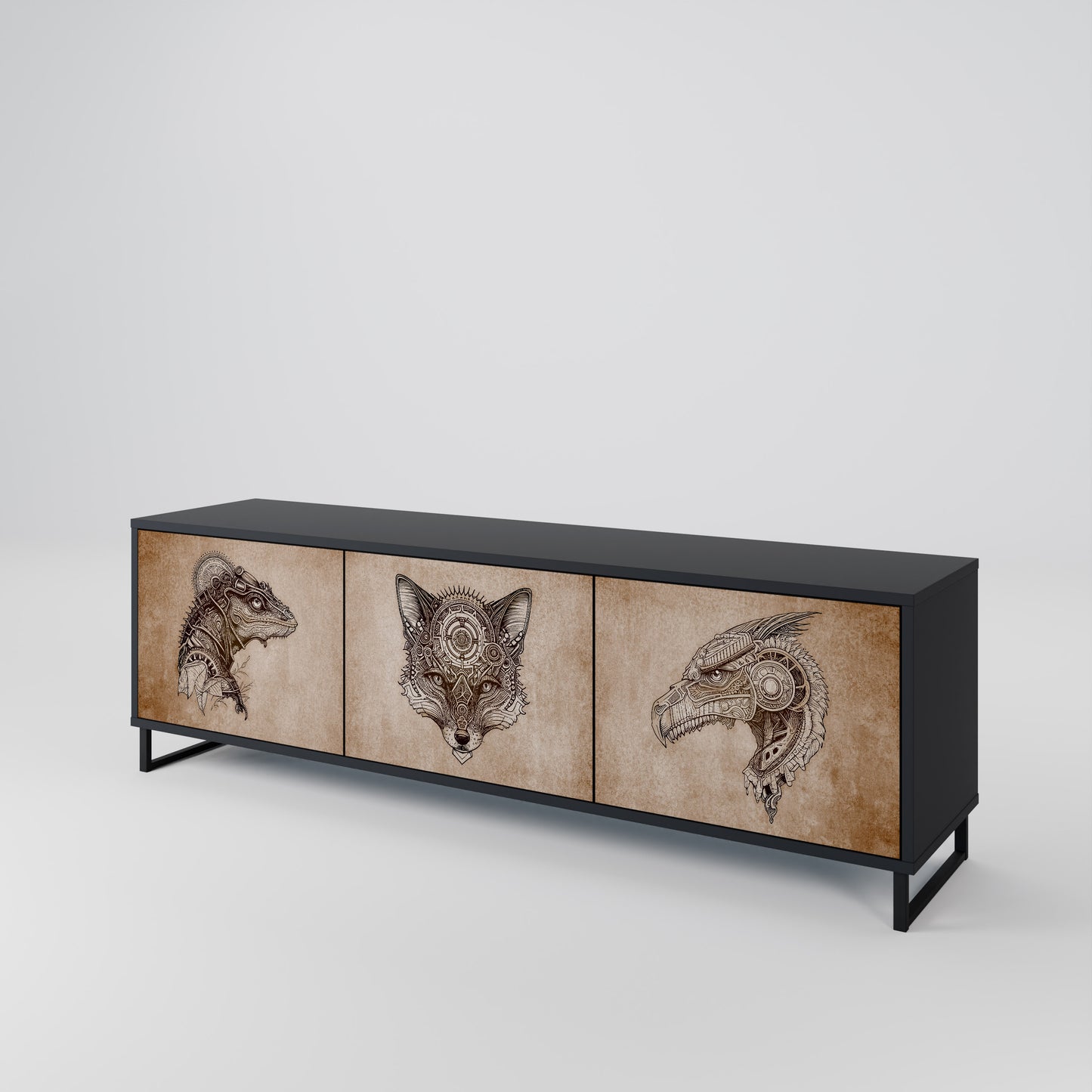 STEAMPUNK CLAN 3-Door TV Stand in Black Finish