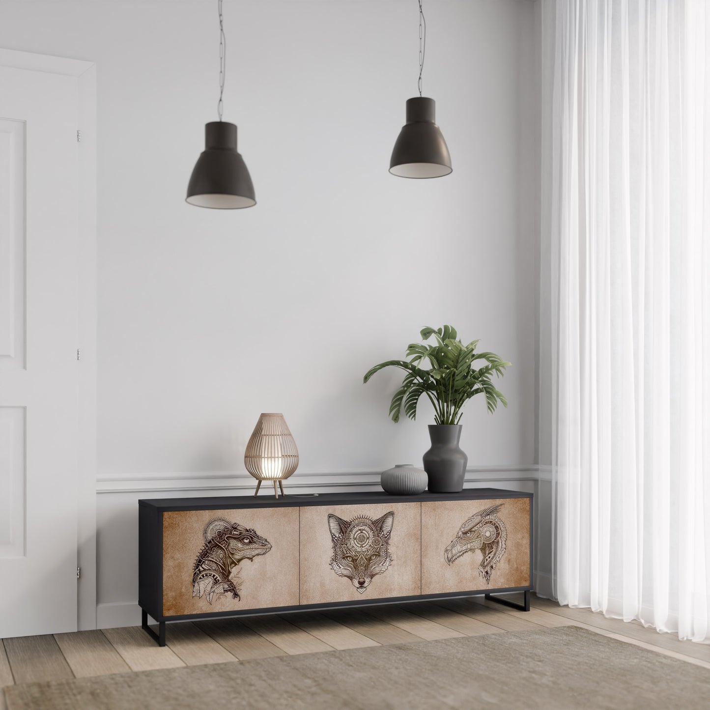 STEAMPUNK CLAN 3-Door TV Stand in Black Finish