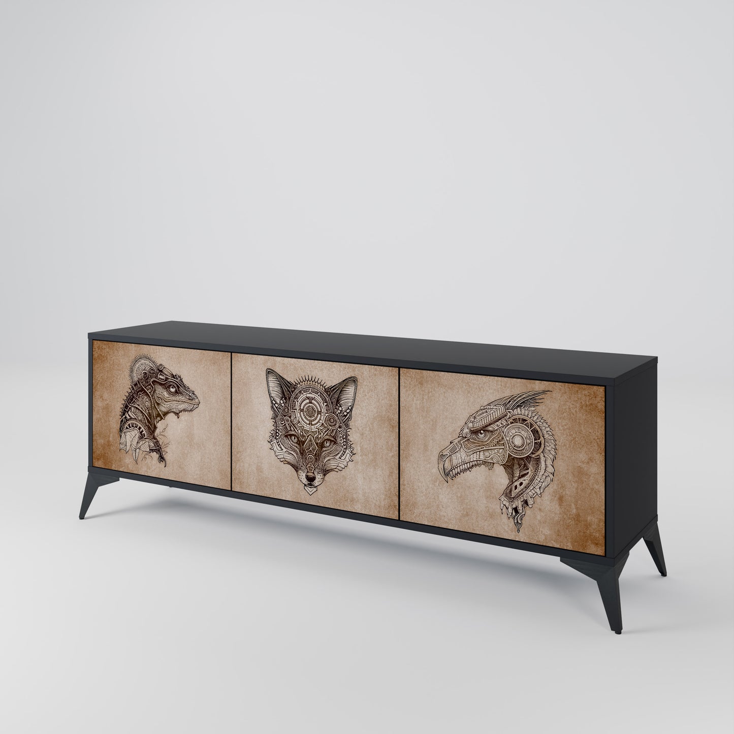 STEAMPUNK CLAN 3-Door TV Stand in Black Finish