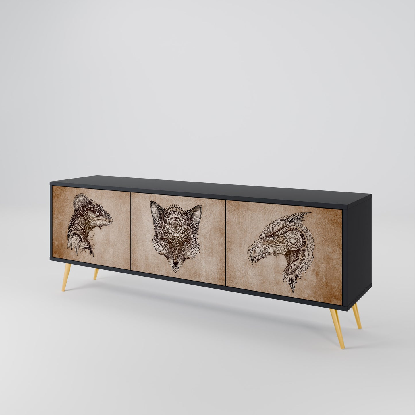 STEAMPUNK CLAN 3-Door TV Stand in Black Finish