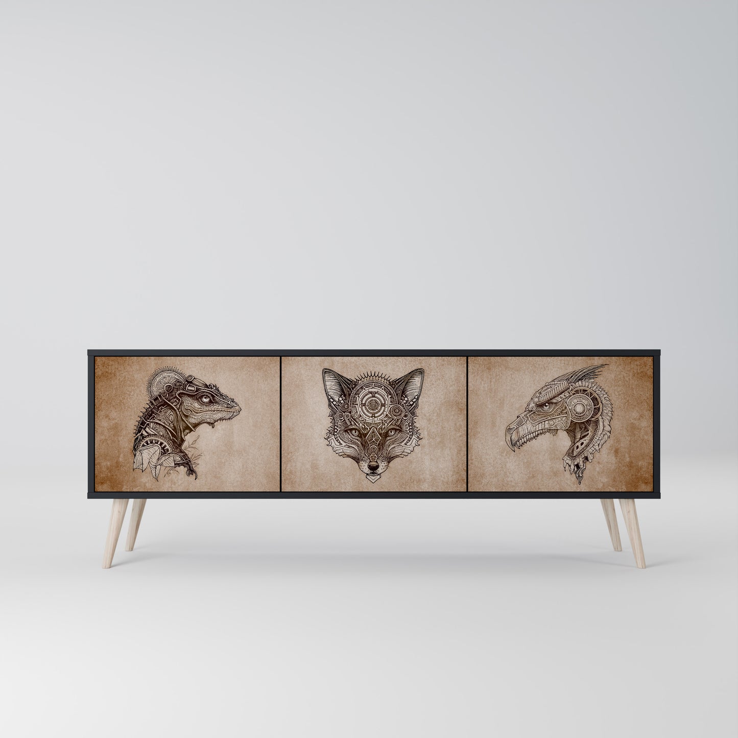 STEAMPUNK CLAN 3-Door TV Stand in Black Finish