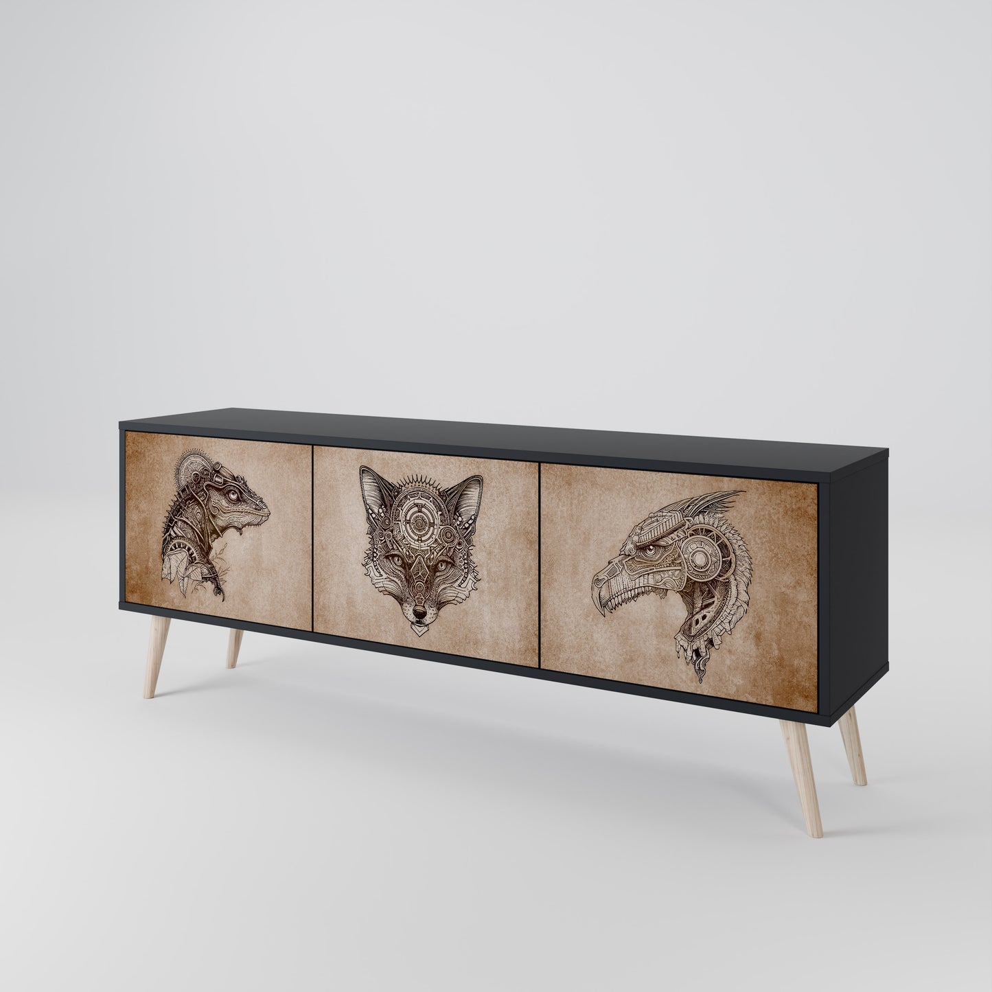 STEAMPUNK CLAN 3-Door TV Stand in Black Finish