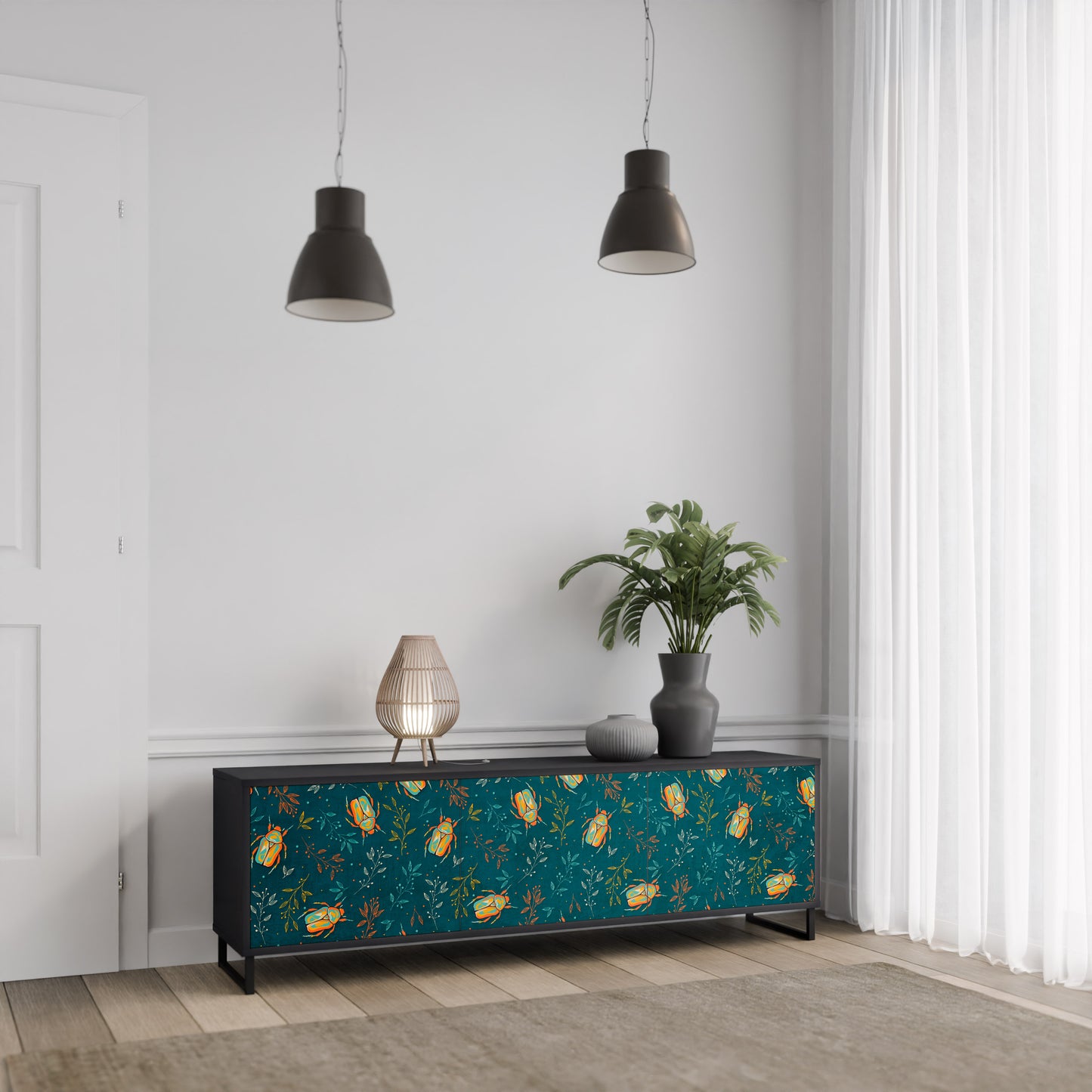 AUTUMN INSECTS 3-Door TV Stand in Black Finish