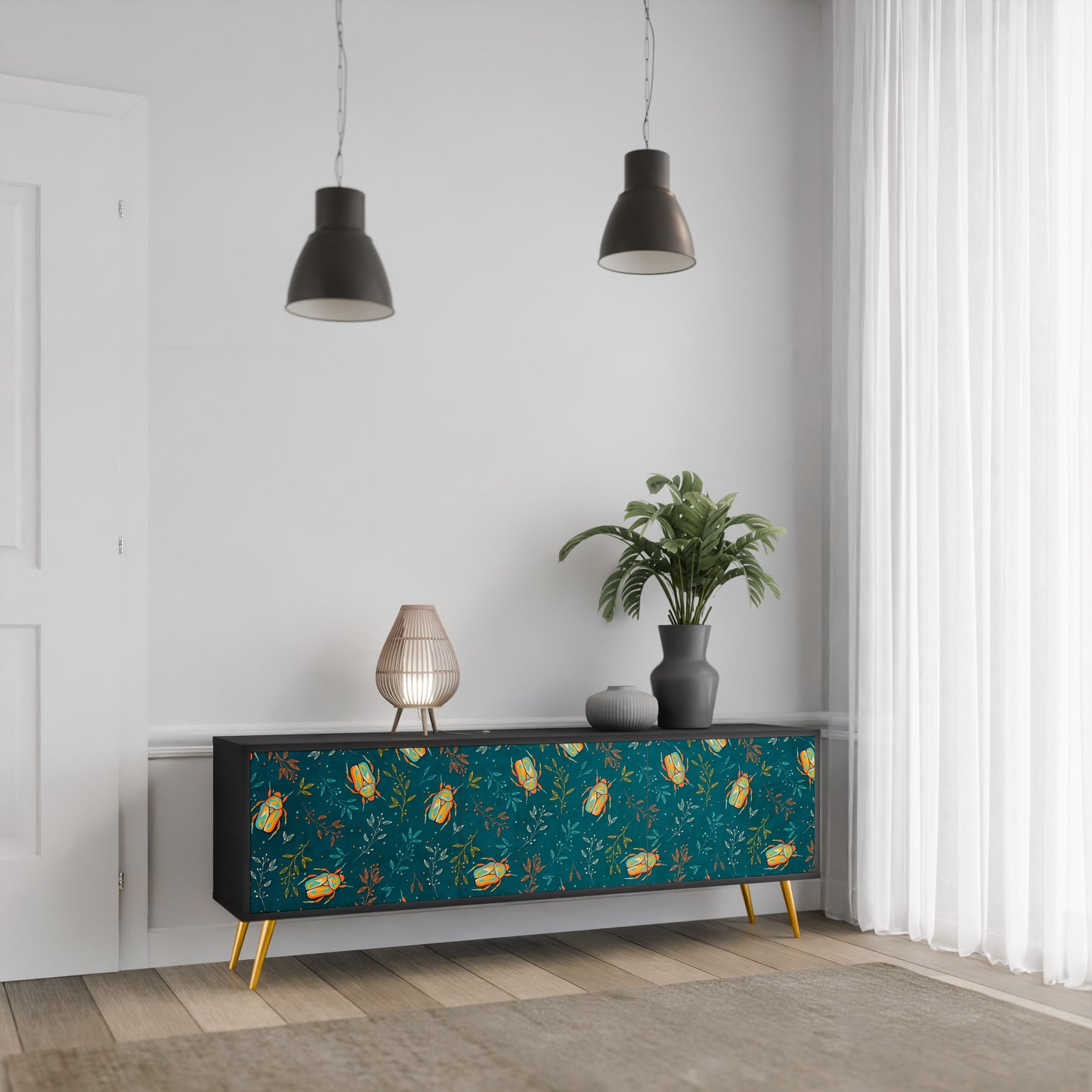 AUTUMN INSECTS 3-Door TV Stand in Black Finish