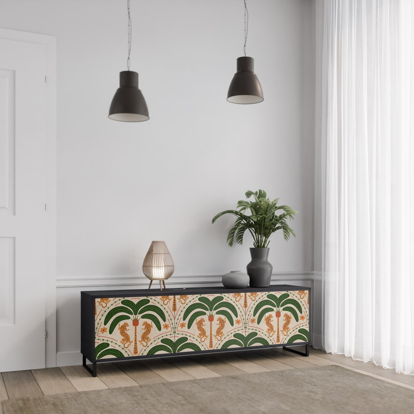DANCING PREDATORS 3-Door TV Stand in Black Finish