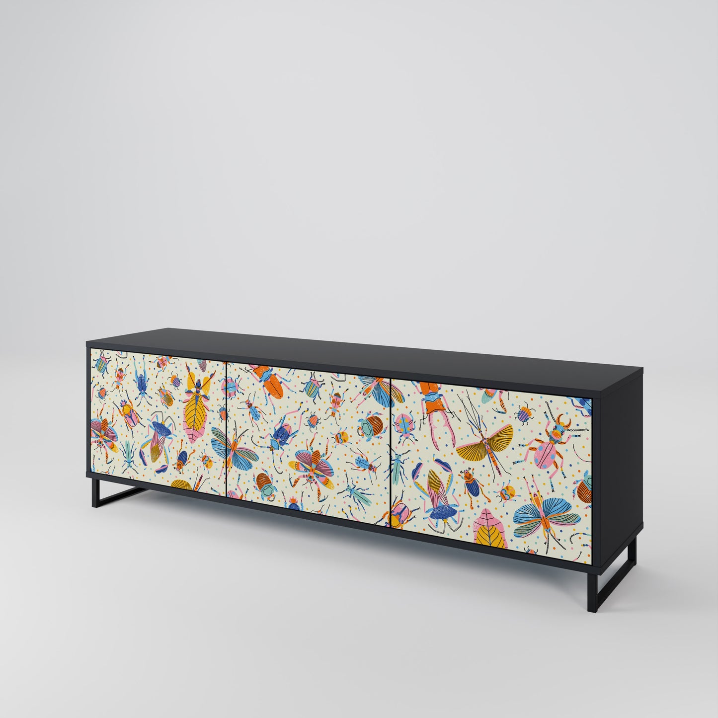 COLORFUL INSECTS 3-Door TV Stand in Black Finish