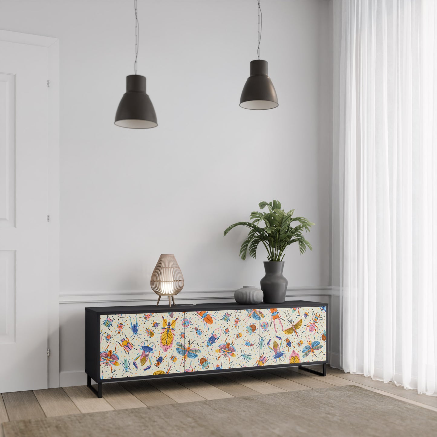 COLORFUL INSECTS 3-Door TV Stand in Black Finish