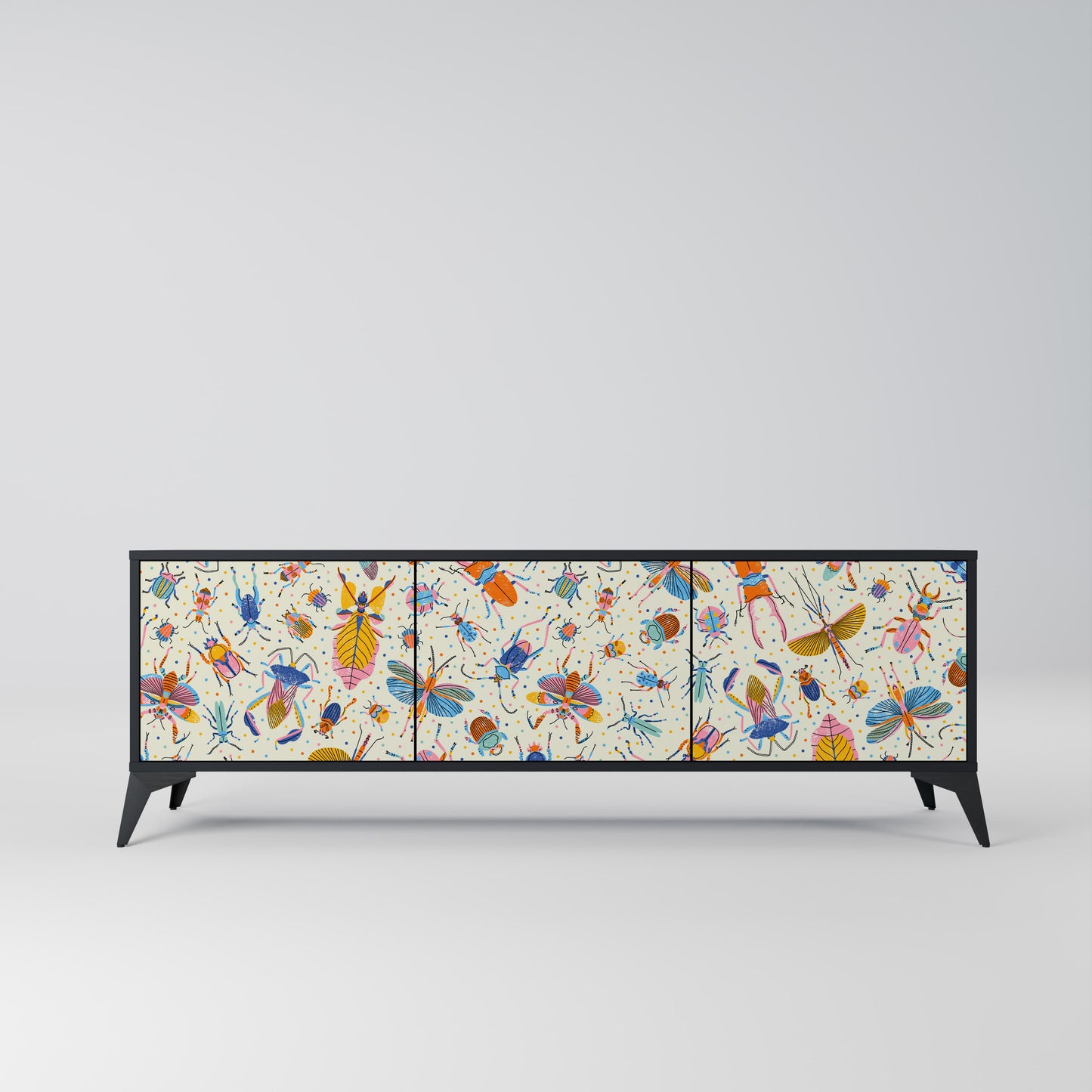 COLORFUL INSECTS 3-Door TV Stand in Black Finish