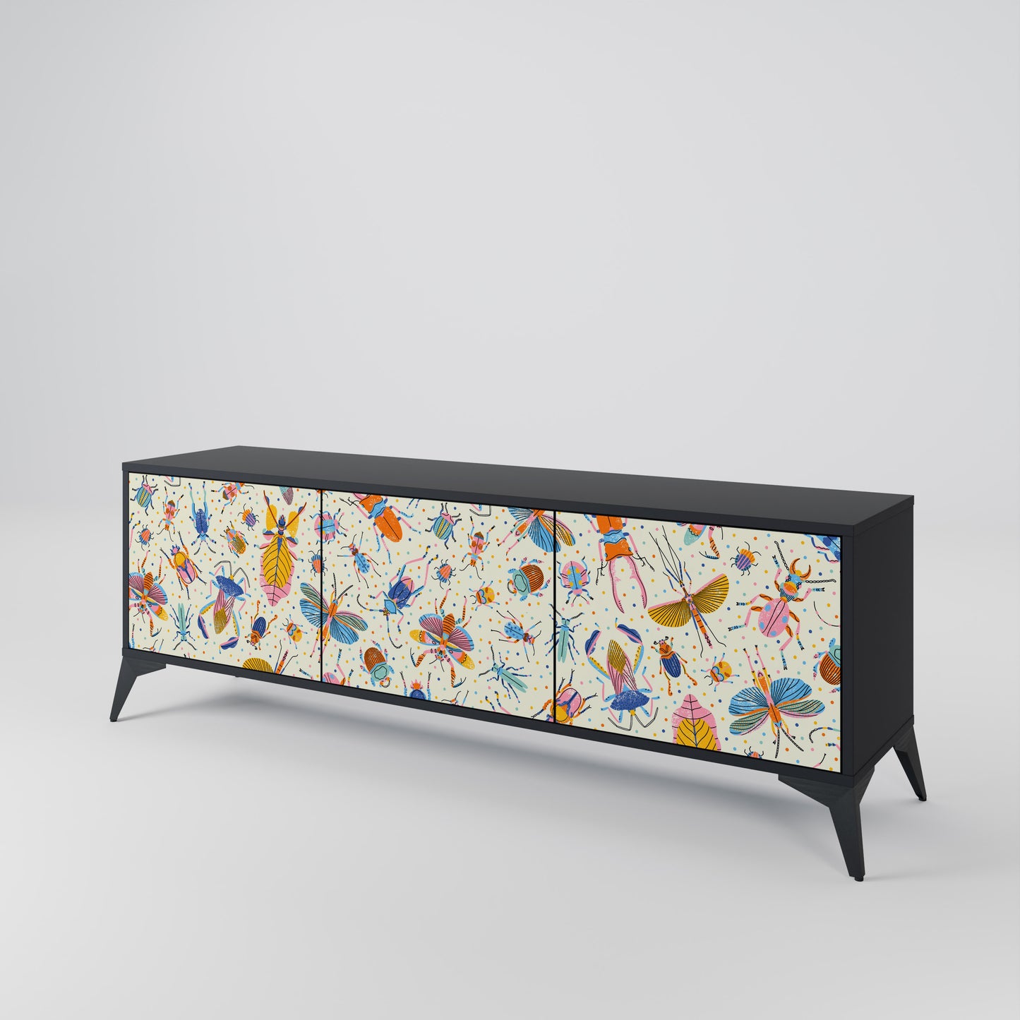 COLORFUL INSECTS 3-Door TV Stand in Black Finish